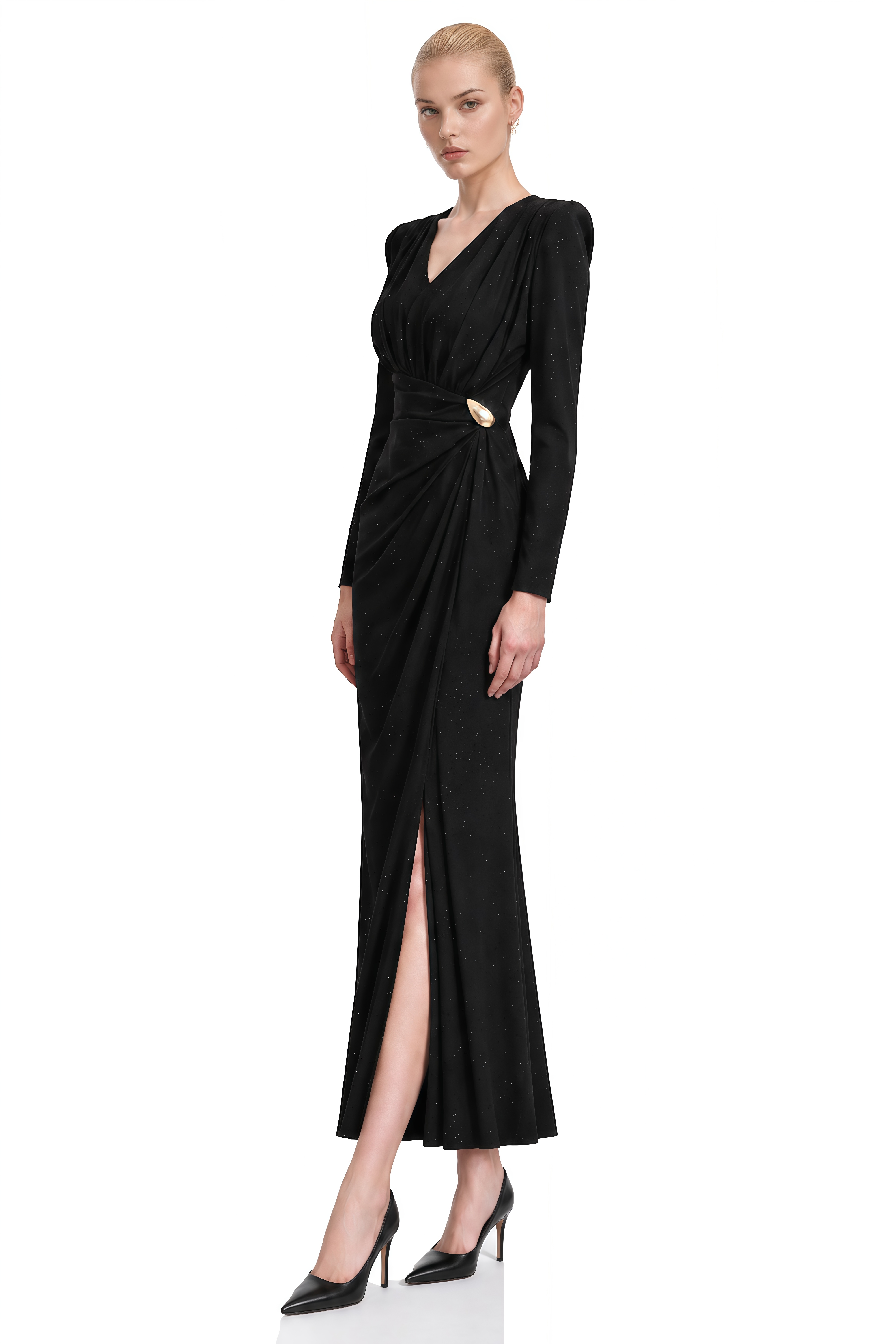 Odette Black Long Sleeves Slit Maxi Dress