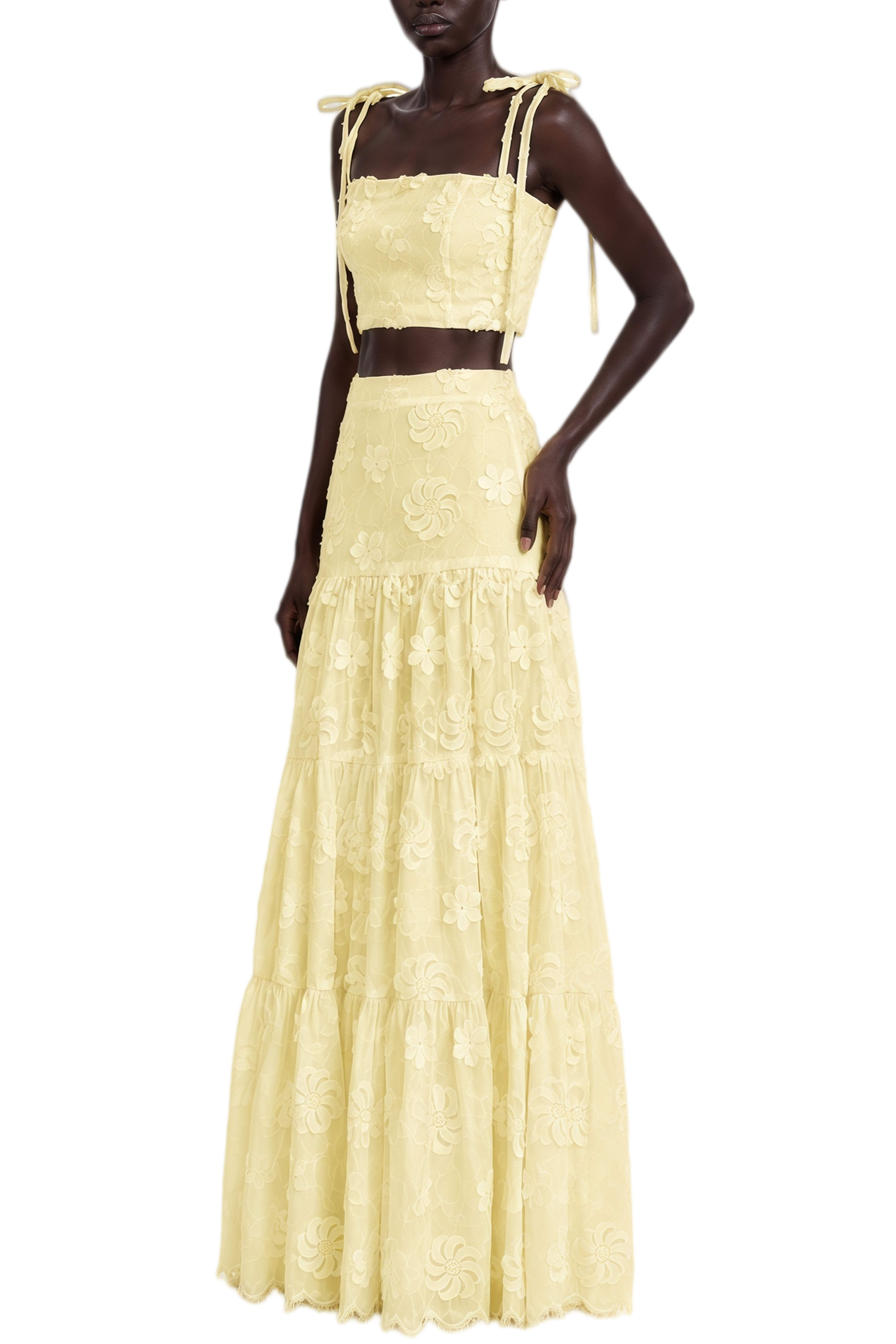 Eulalia Yellow Sleeveless Embroidered Top & Skirt Set