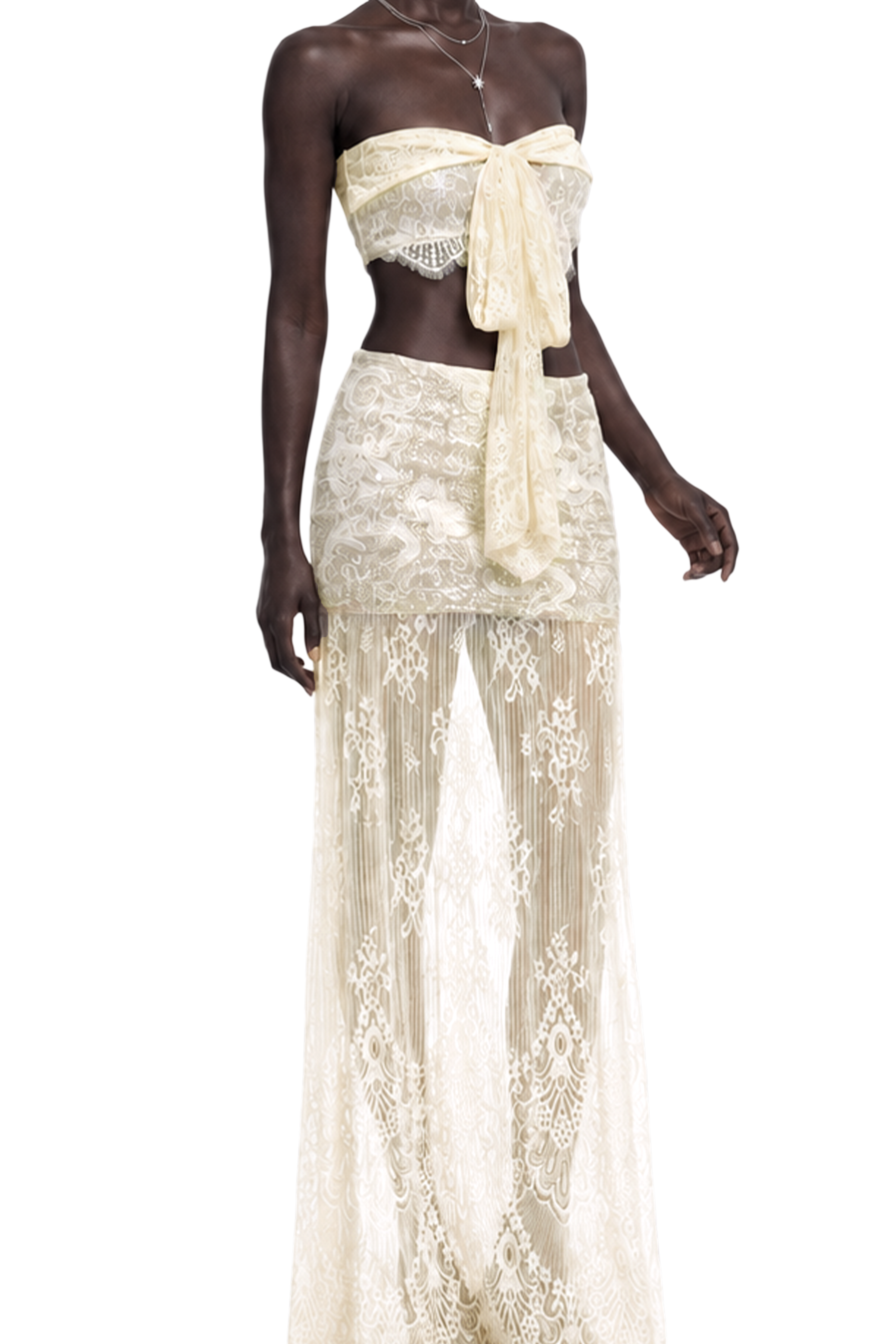 Ophelia Neutral Halterneck Lace Overlay Top & Skirt Set