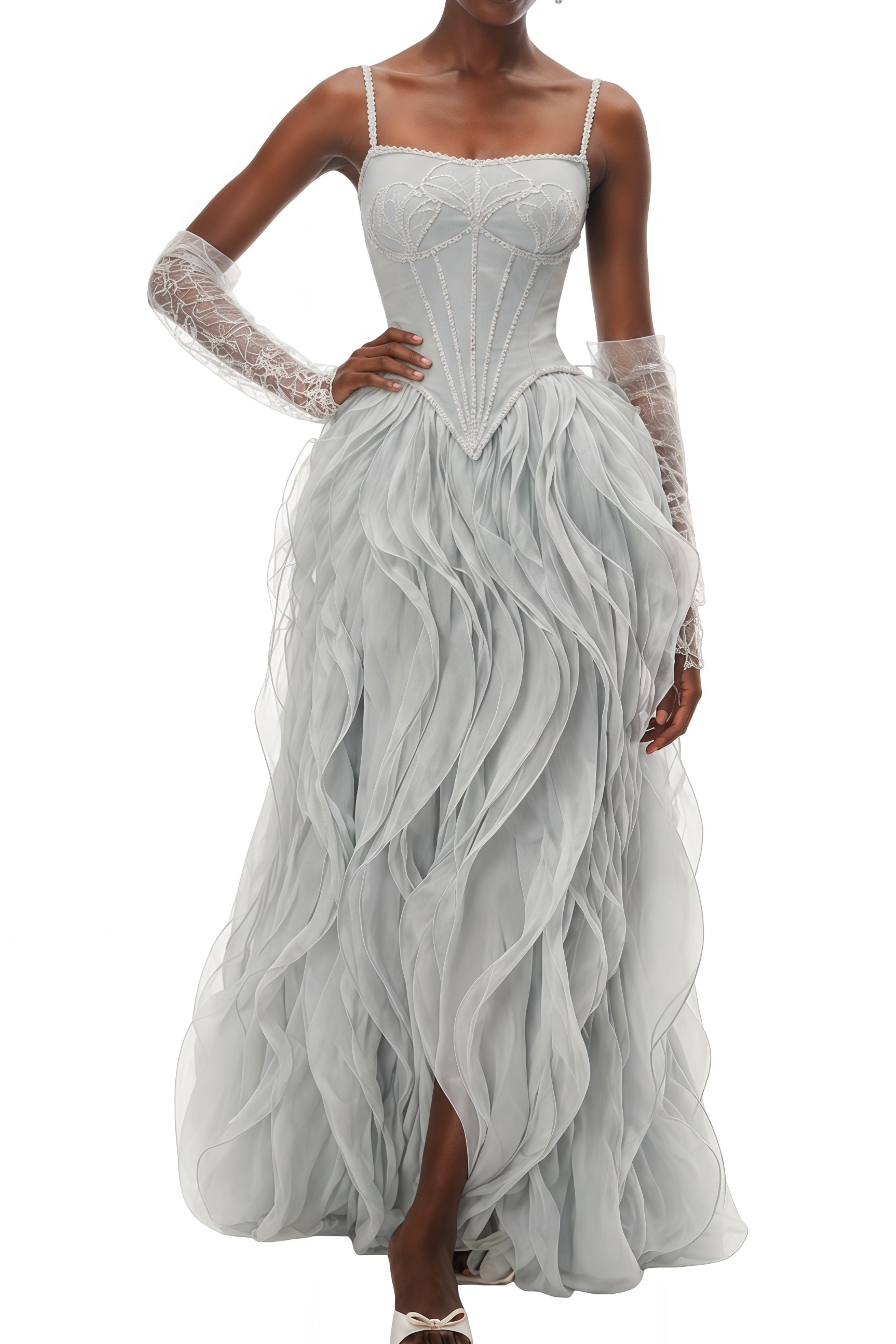 Camille Dusty Blue Ruffled Tulle Maxi Dress