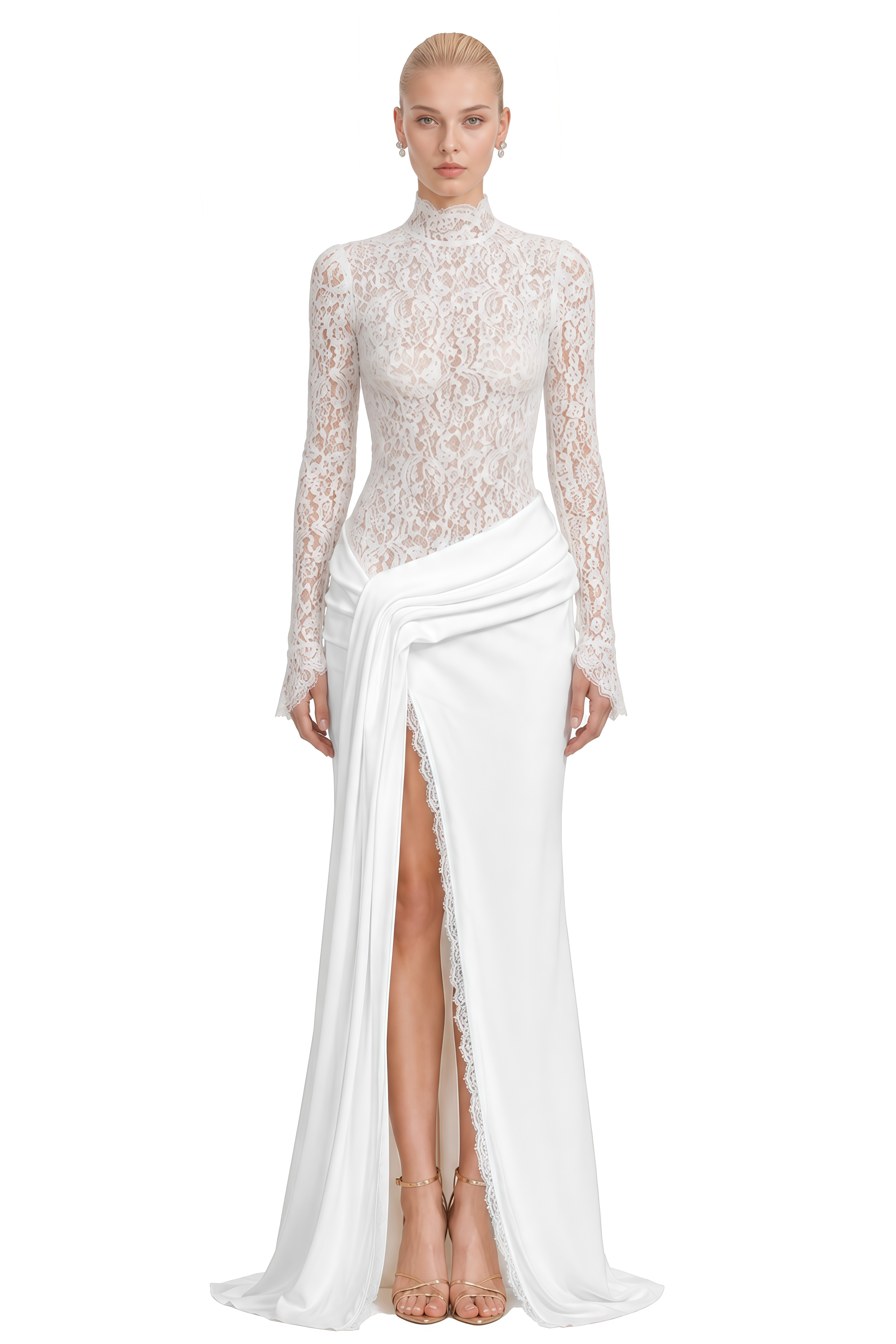 Rosamund White Turtleneck Lace Maxi Dress