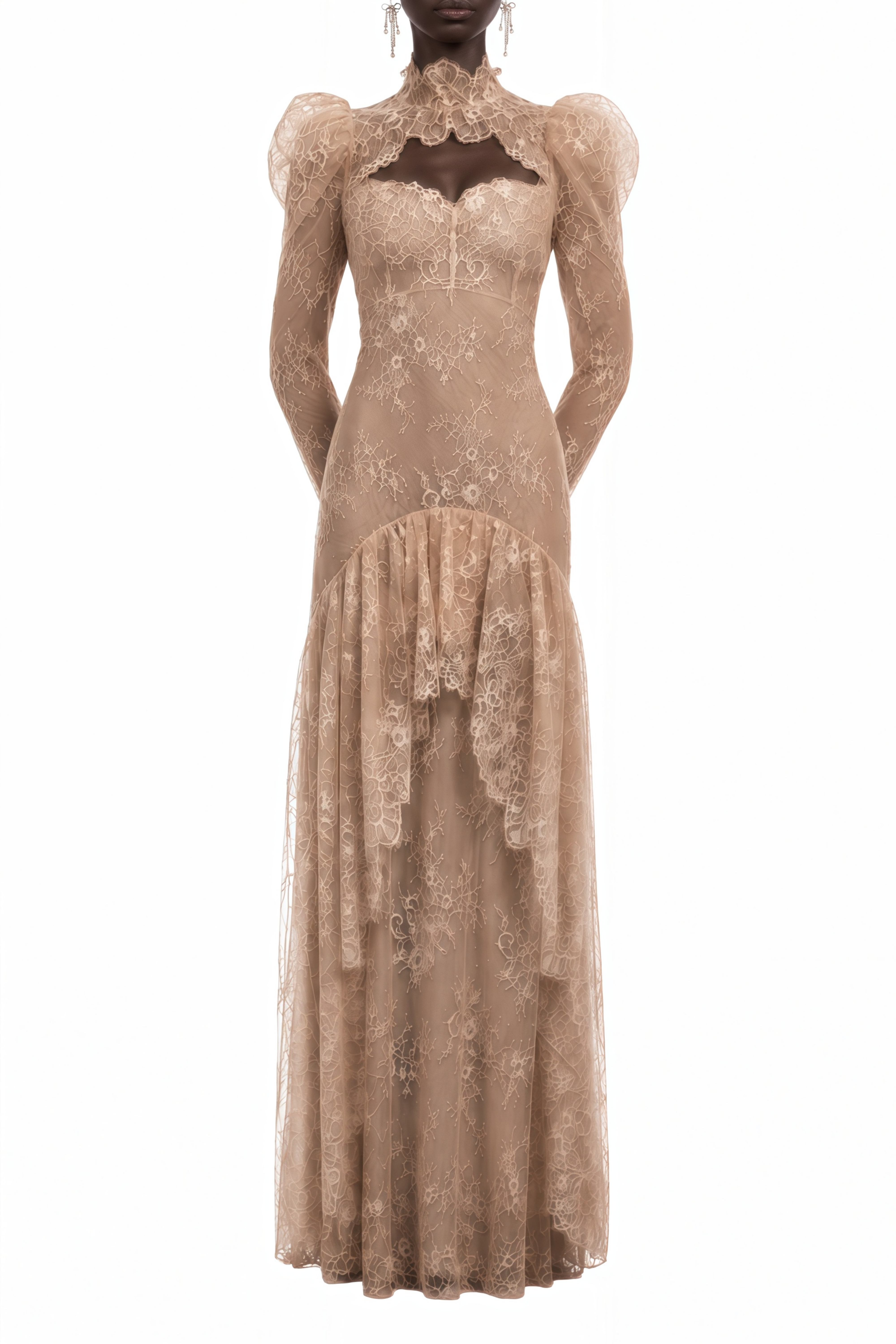Liora Neutral Long Sleeves Lace Maxi Dress