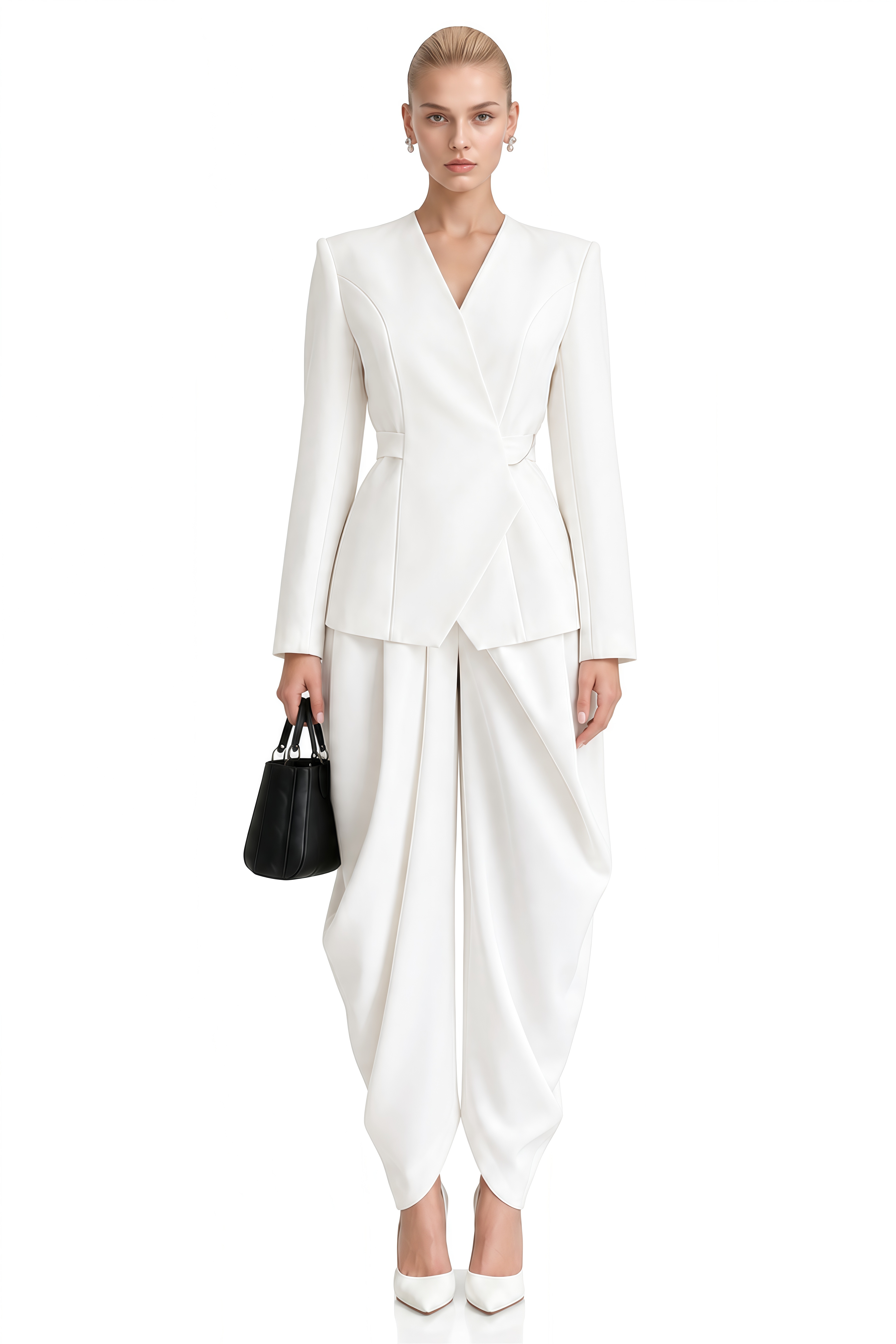 Hazel White Asymmetrical Draped Jacket & Trousers Set