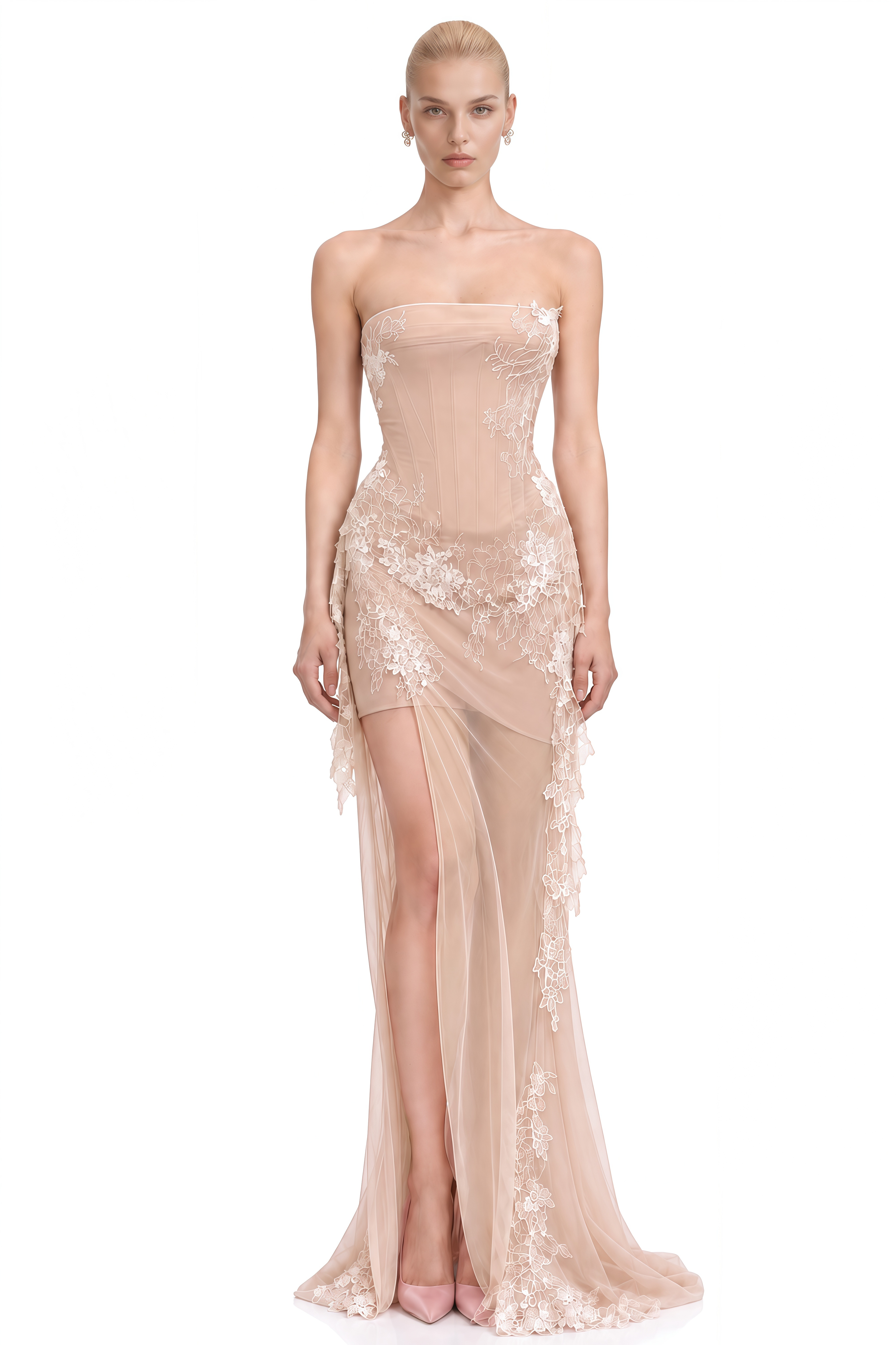Ella Pink Strapless Lace Embellished Maxi Dress