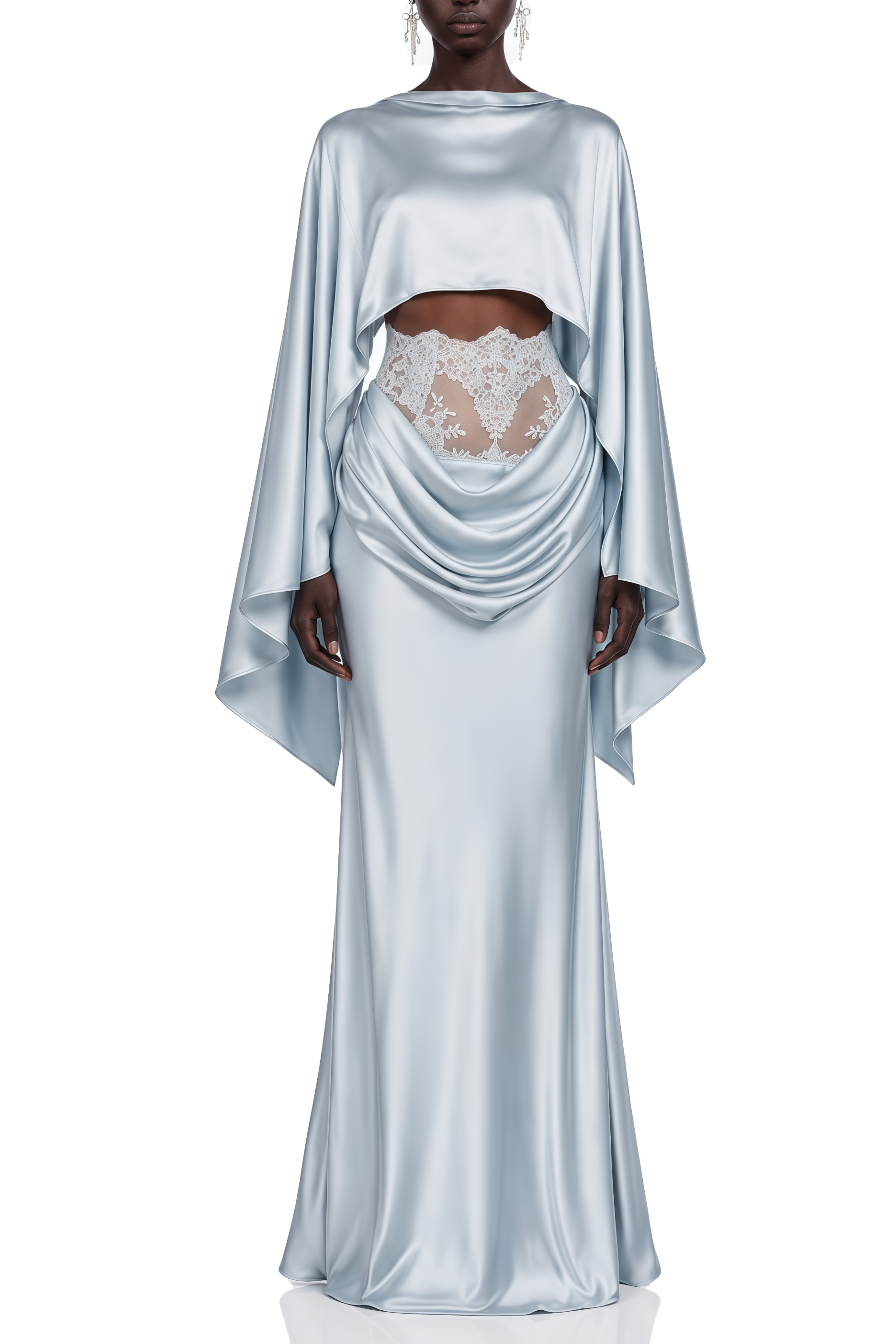 Mireille Light Blue Cut-out Waist Cape Design Top & Skirt Set