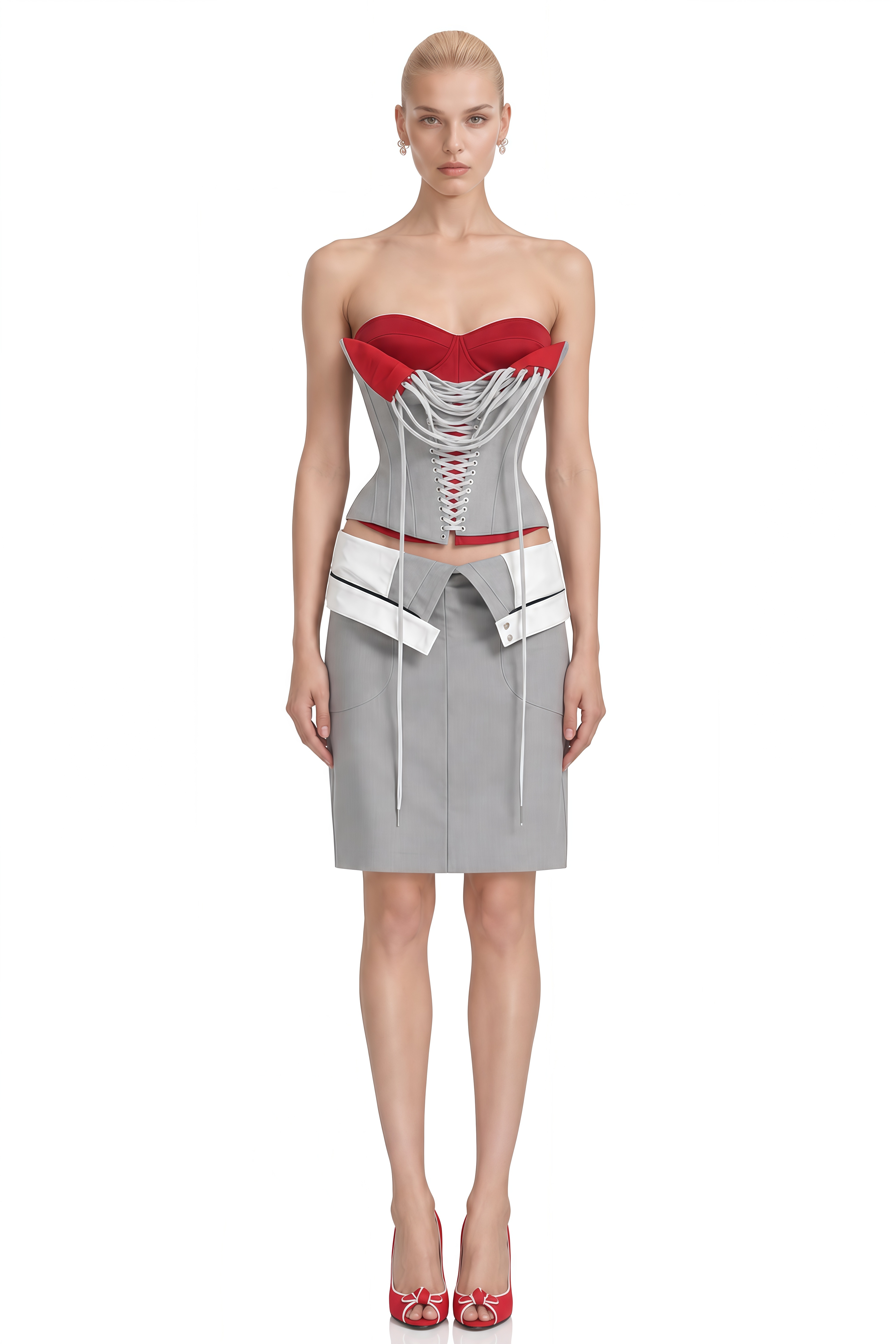 Cora Grey Strapless Lace-Up Top & Skirt Set