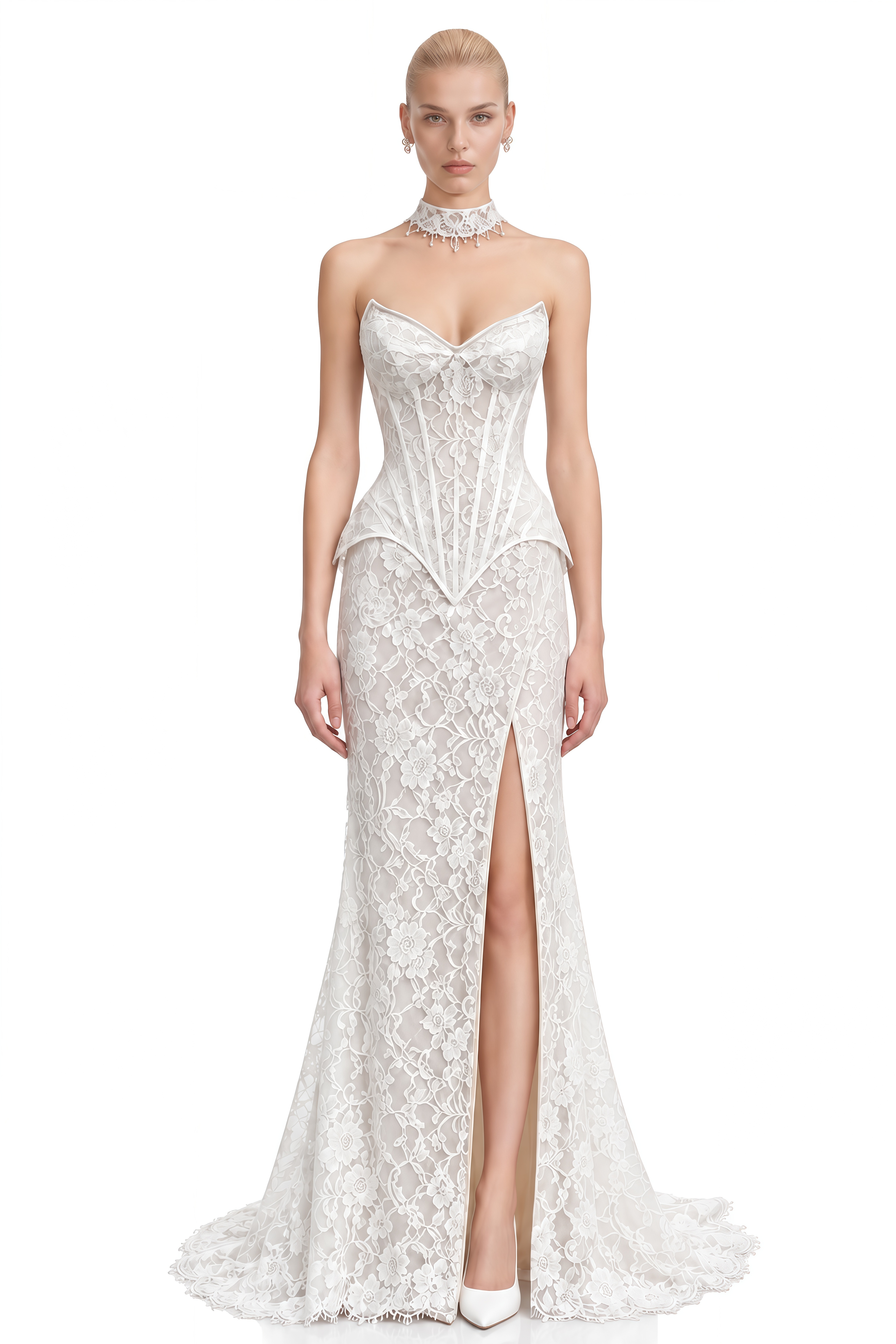 Marigold White Sleeveless Floral Lace Top & Skirt Set