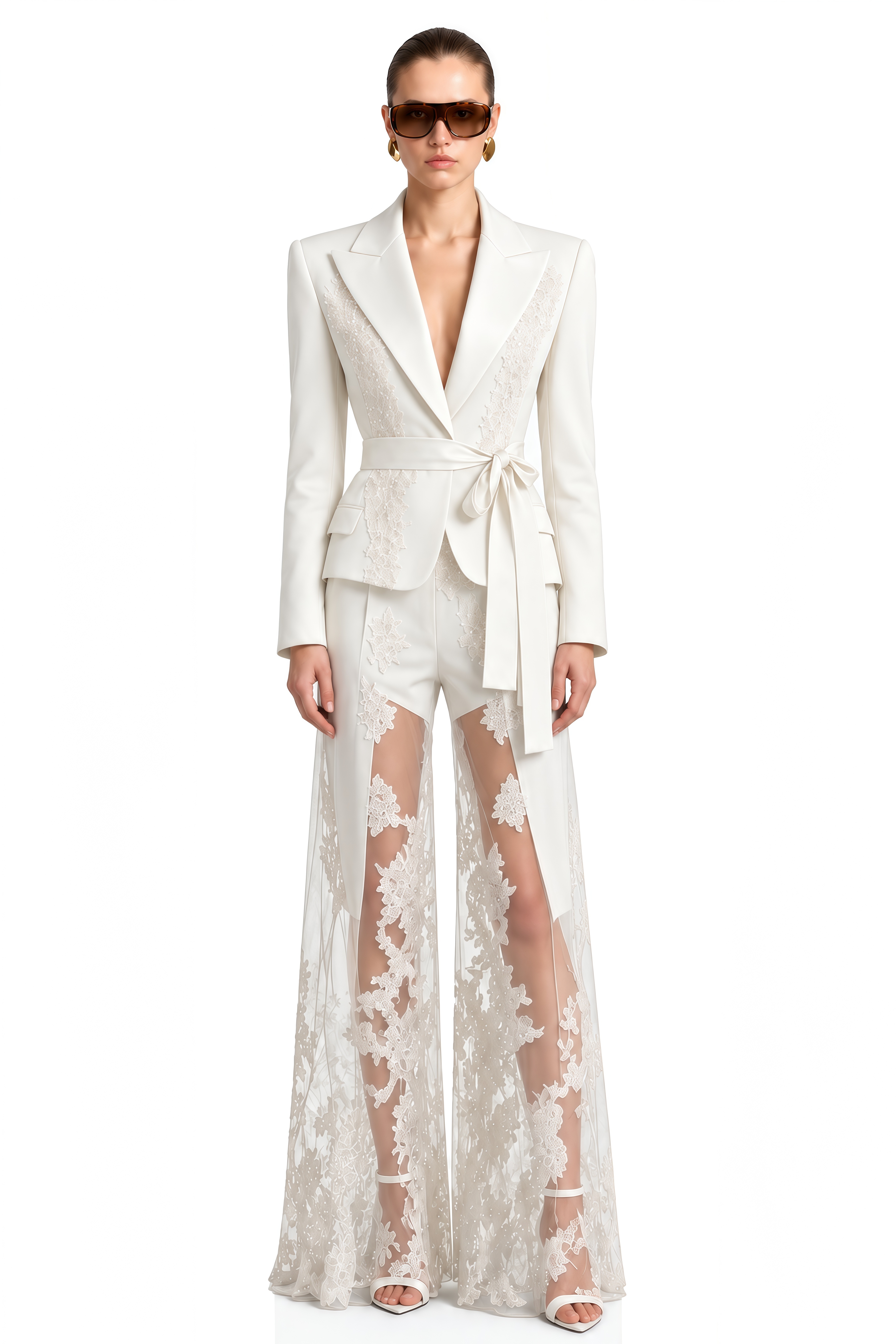 Celine White V-Neck Lace Jacket & Trousers Set
