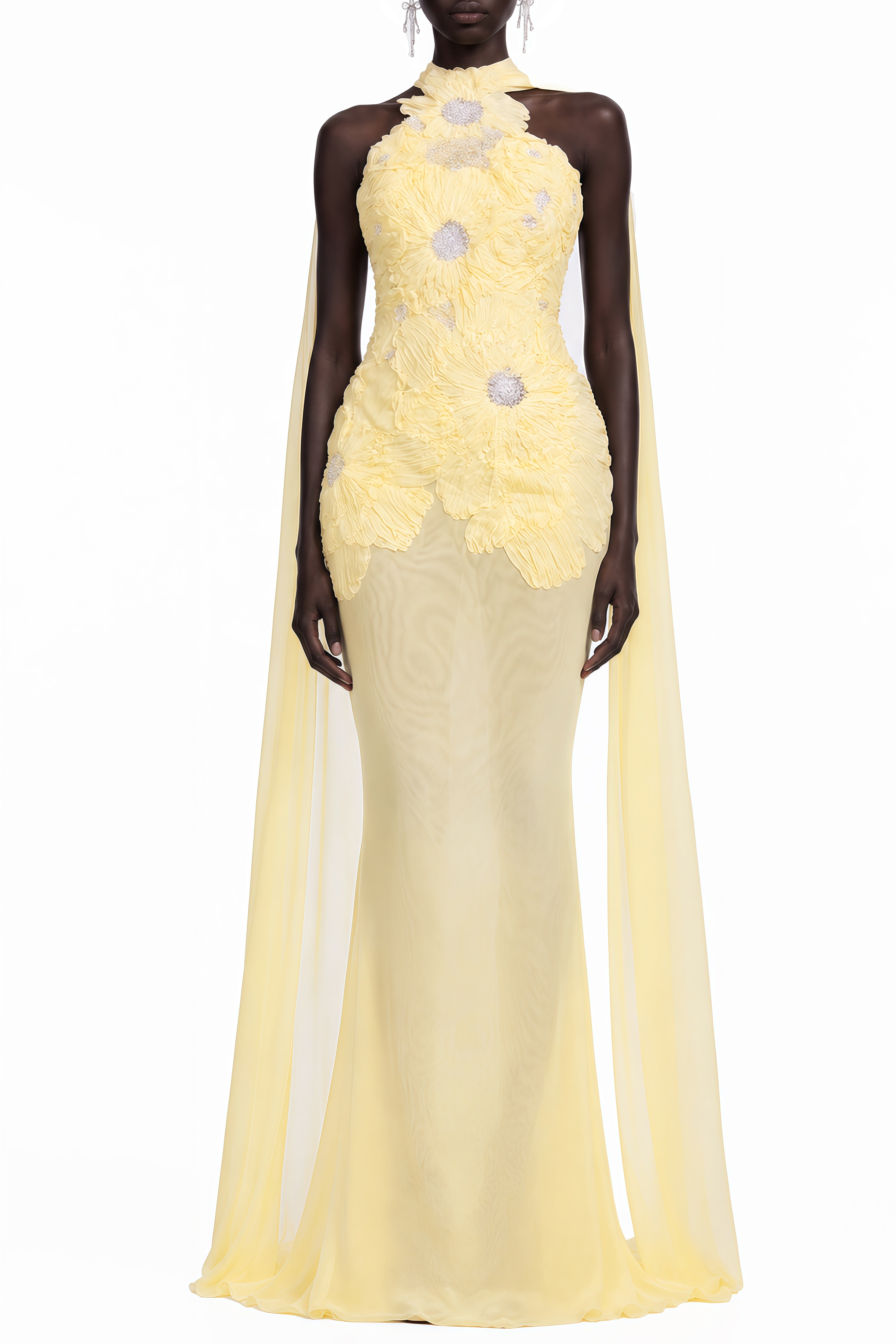 Viola Yellow Floral Embroidered Ruched Maxi Dress