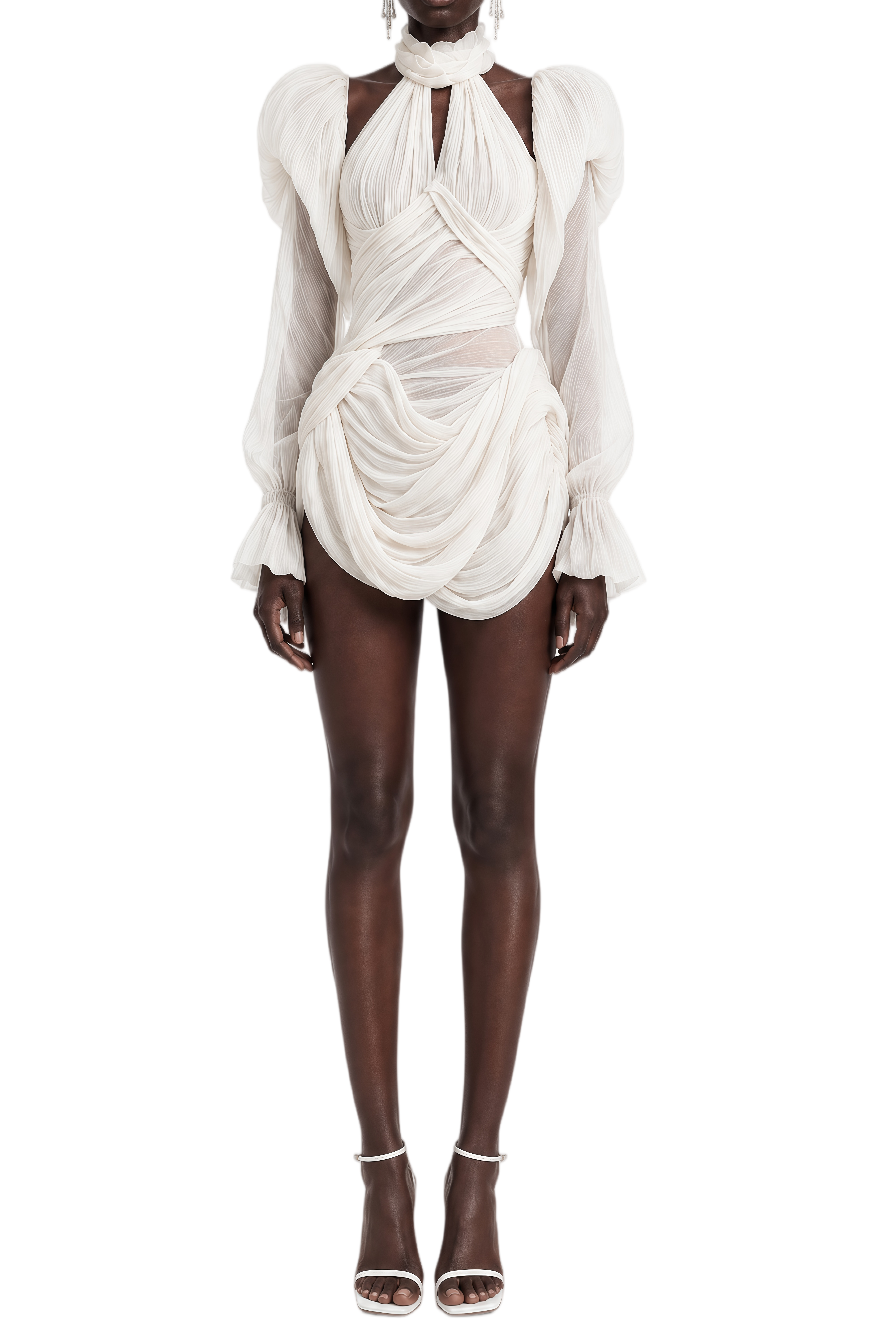 Margaret White Long Sleeves Ruched Mini Dress