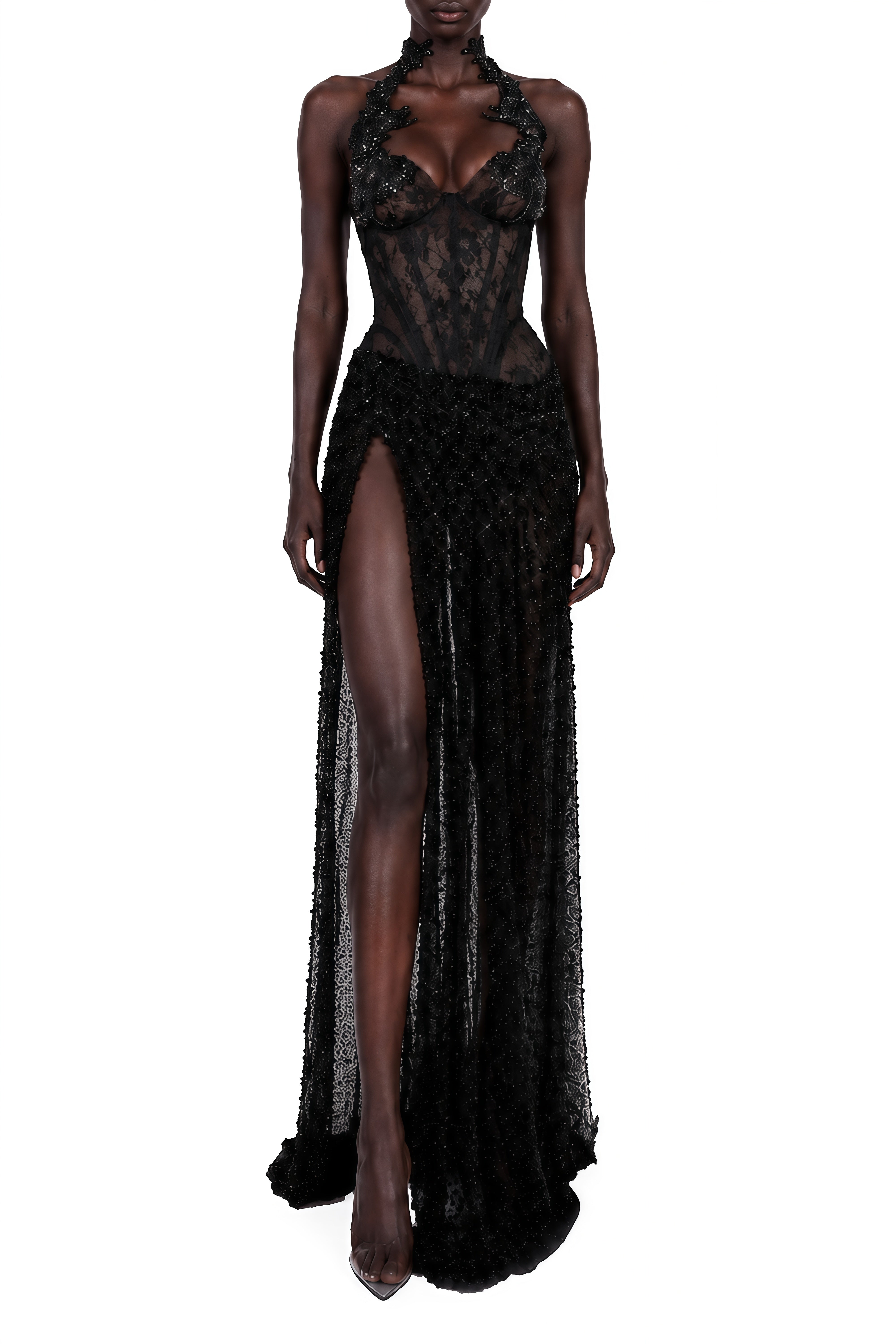 Celine Black Halterneck Lace Maxi Dress