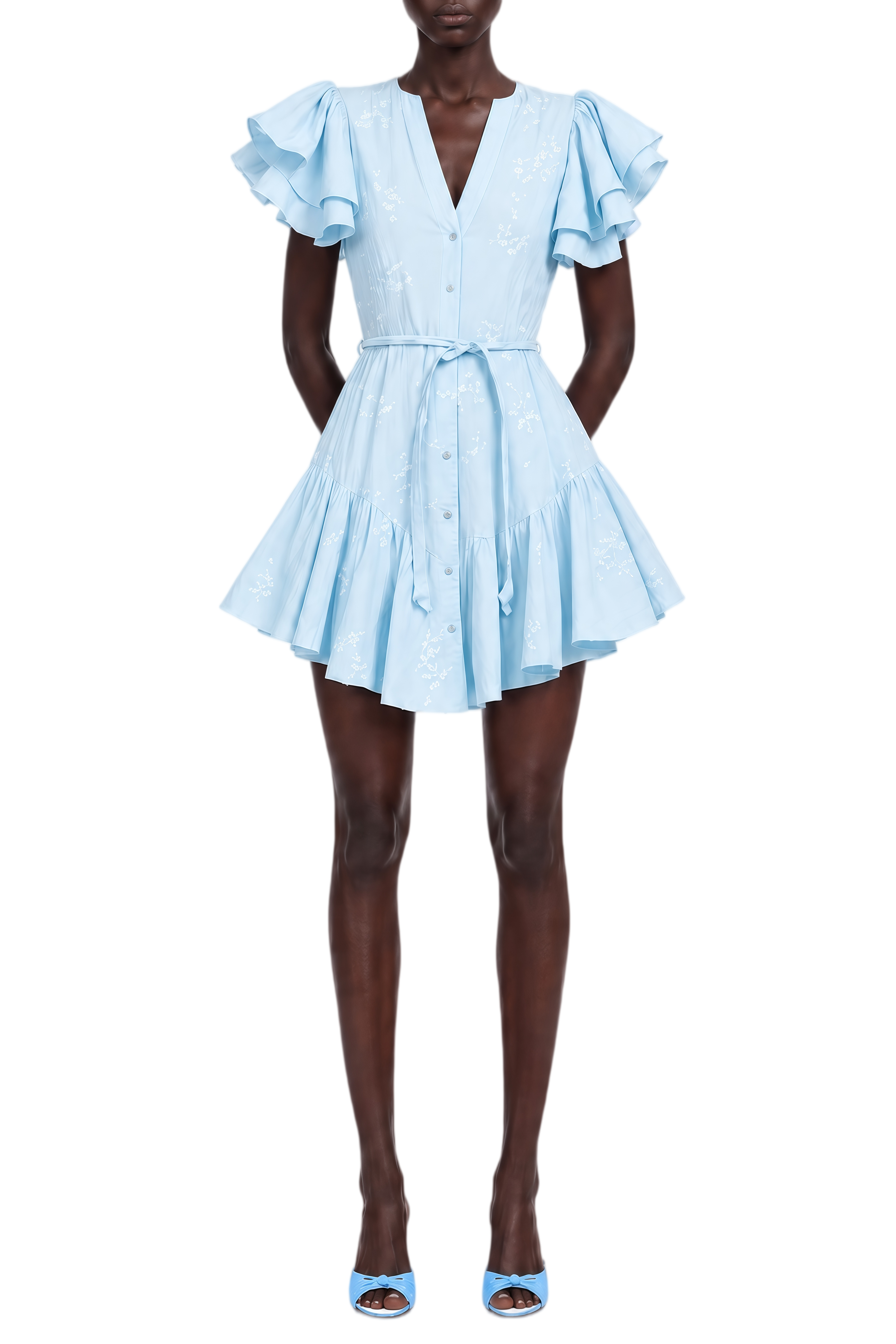 Vienne Blue V-Neck Ruffled Mini Dress