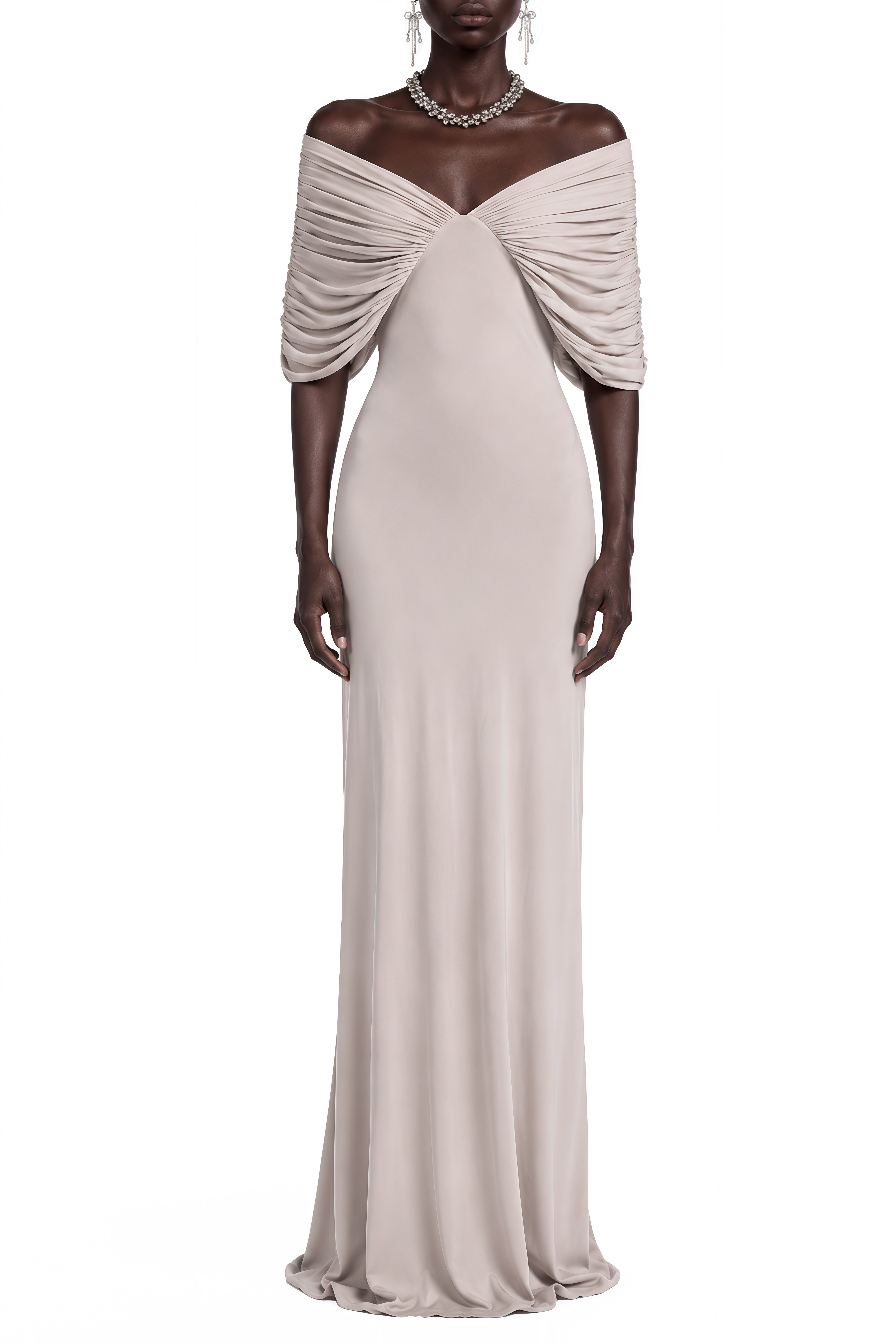 Stella Grey Off Shoulder Ruched Maxi Dress