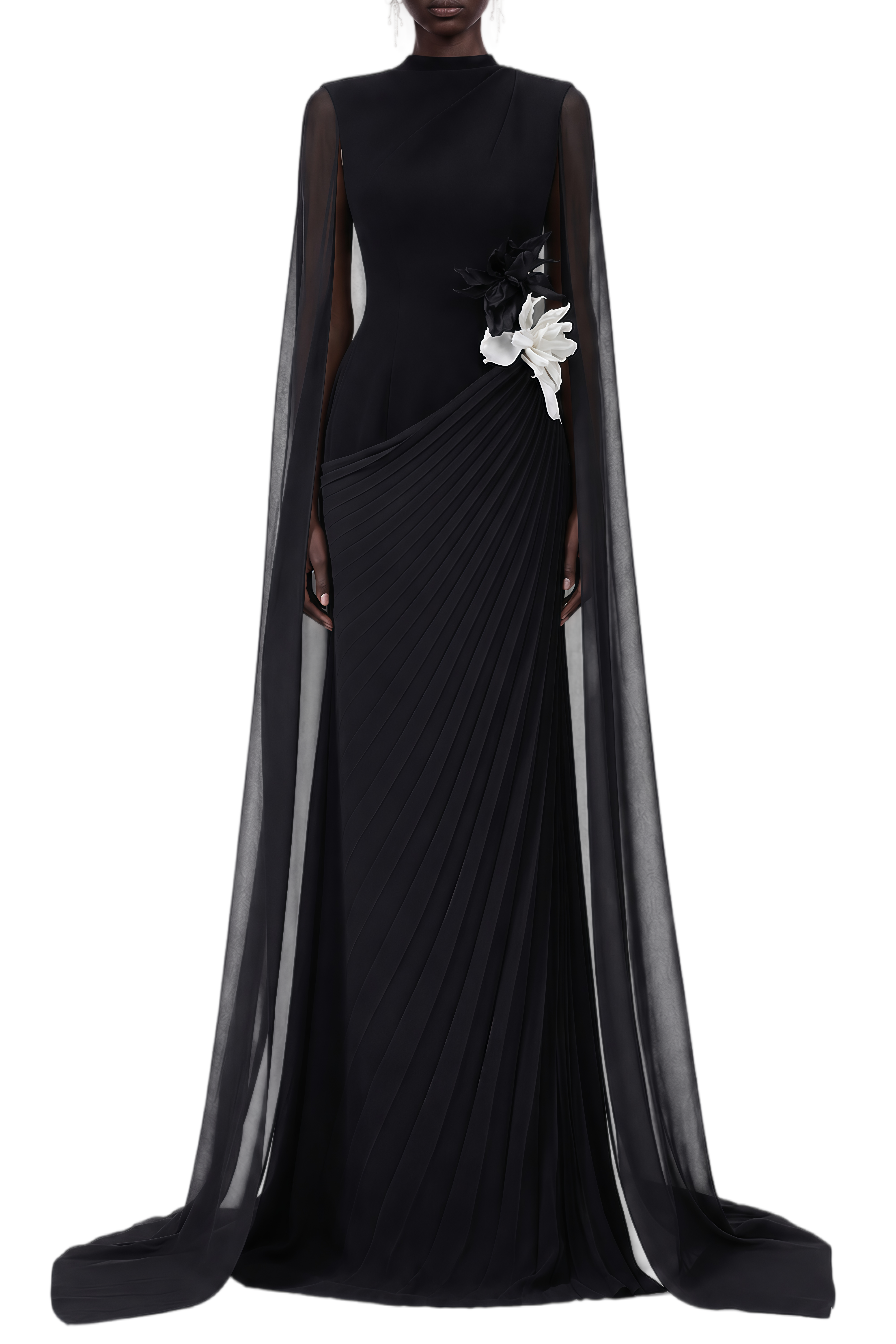 Odette Black 3D Floral Appliqué Cape Design Maxi Dress