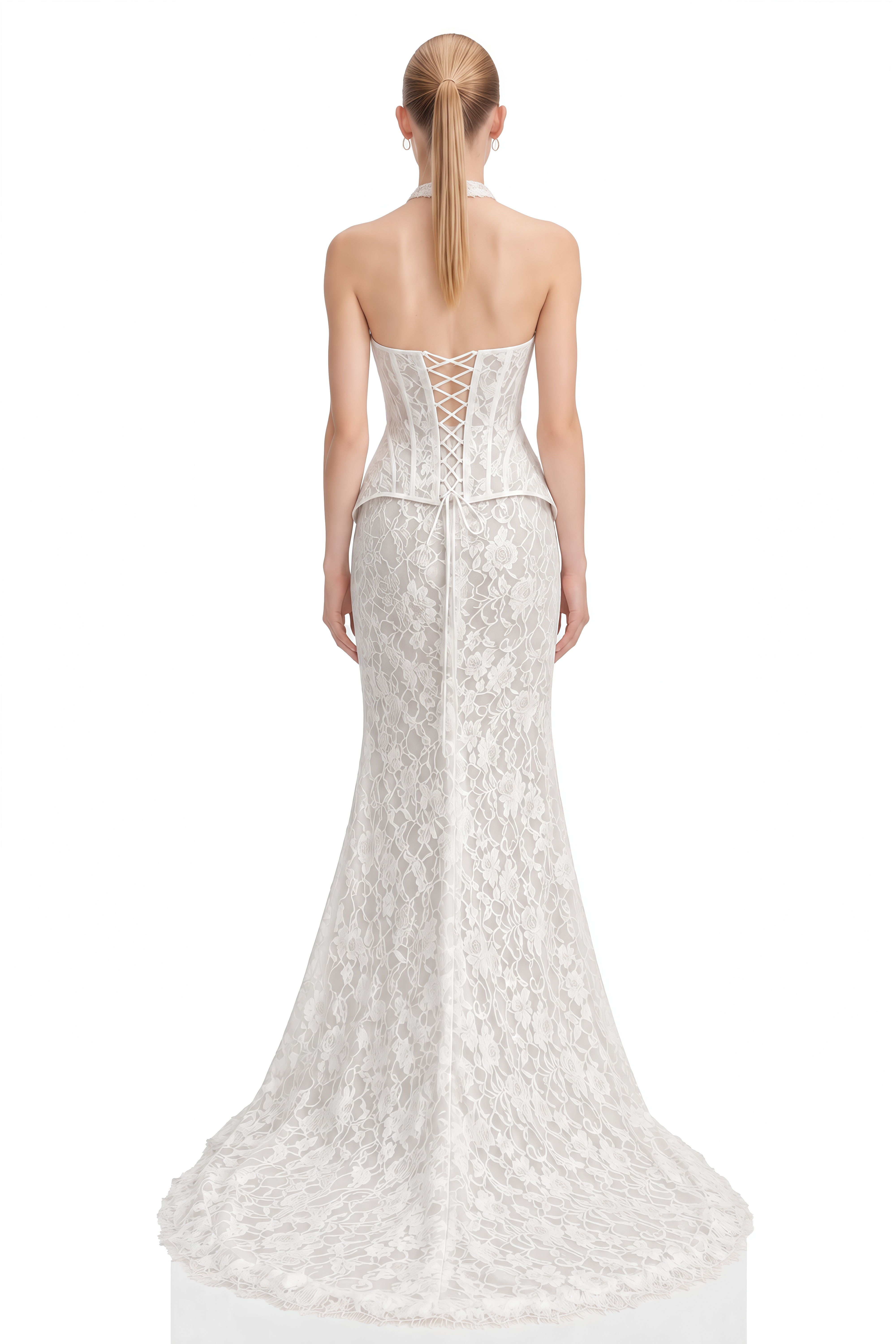 Marigold White Sleeveless Floral Lace Top & Skirt Set