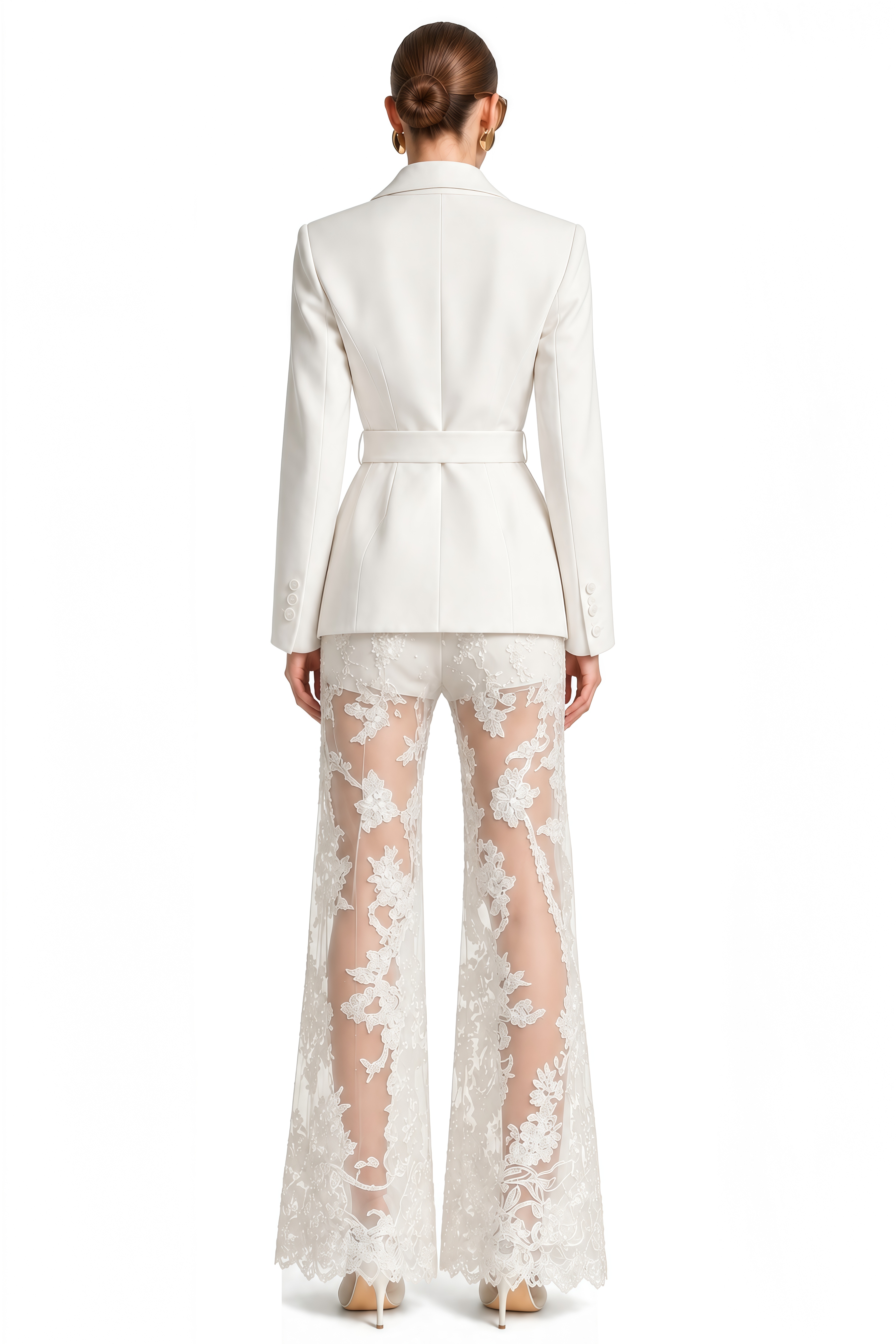 Celine White V-Neck Lace Jacket & Trousers Set