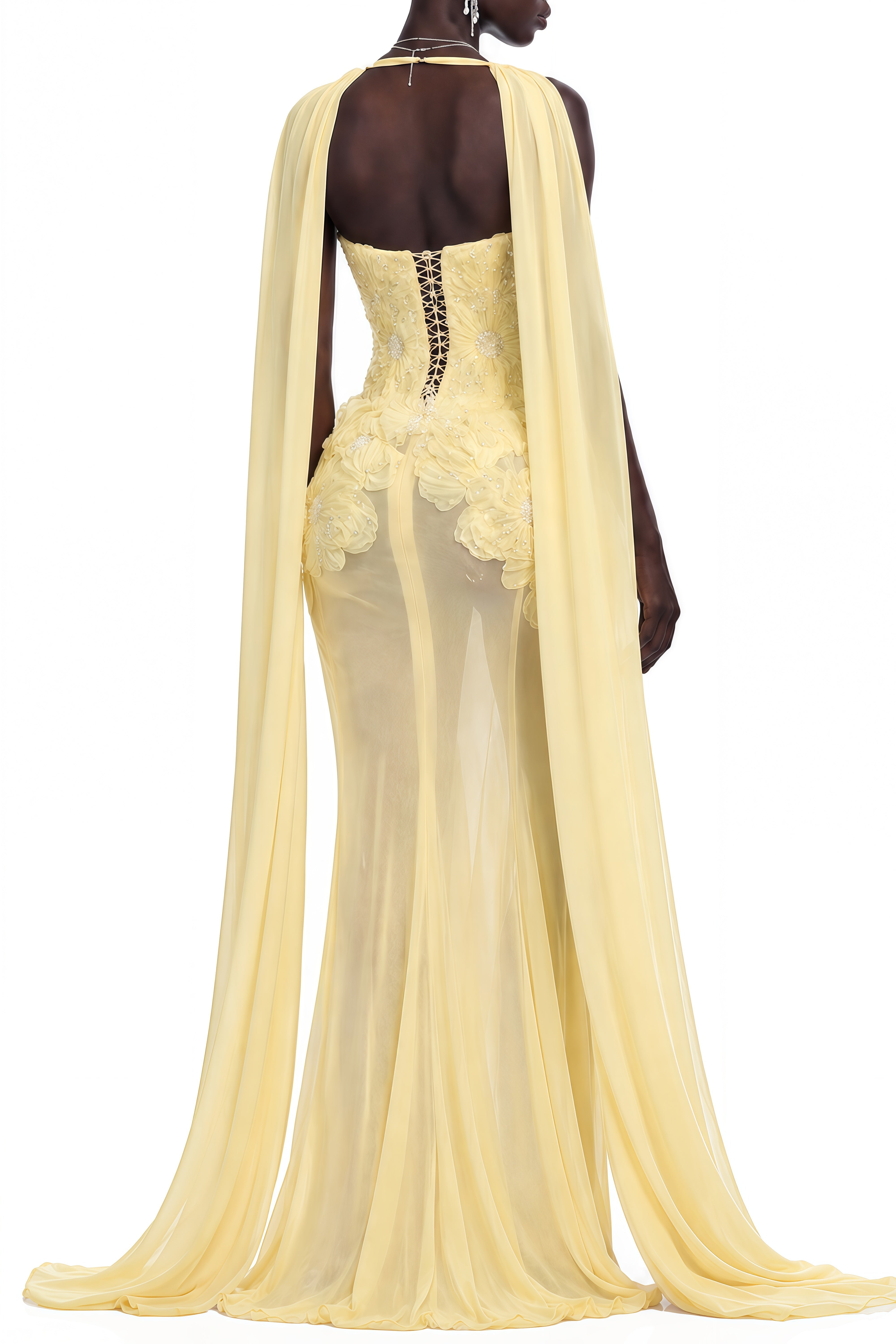 Viola Yellow Floral Embroidered Ruched Maxi Dress
