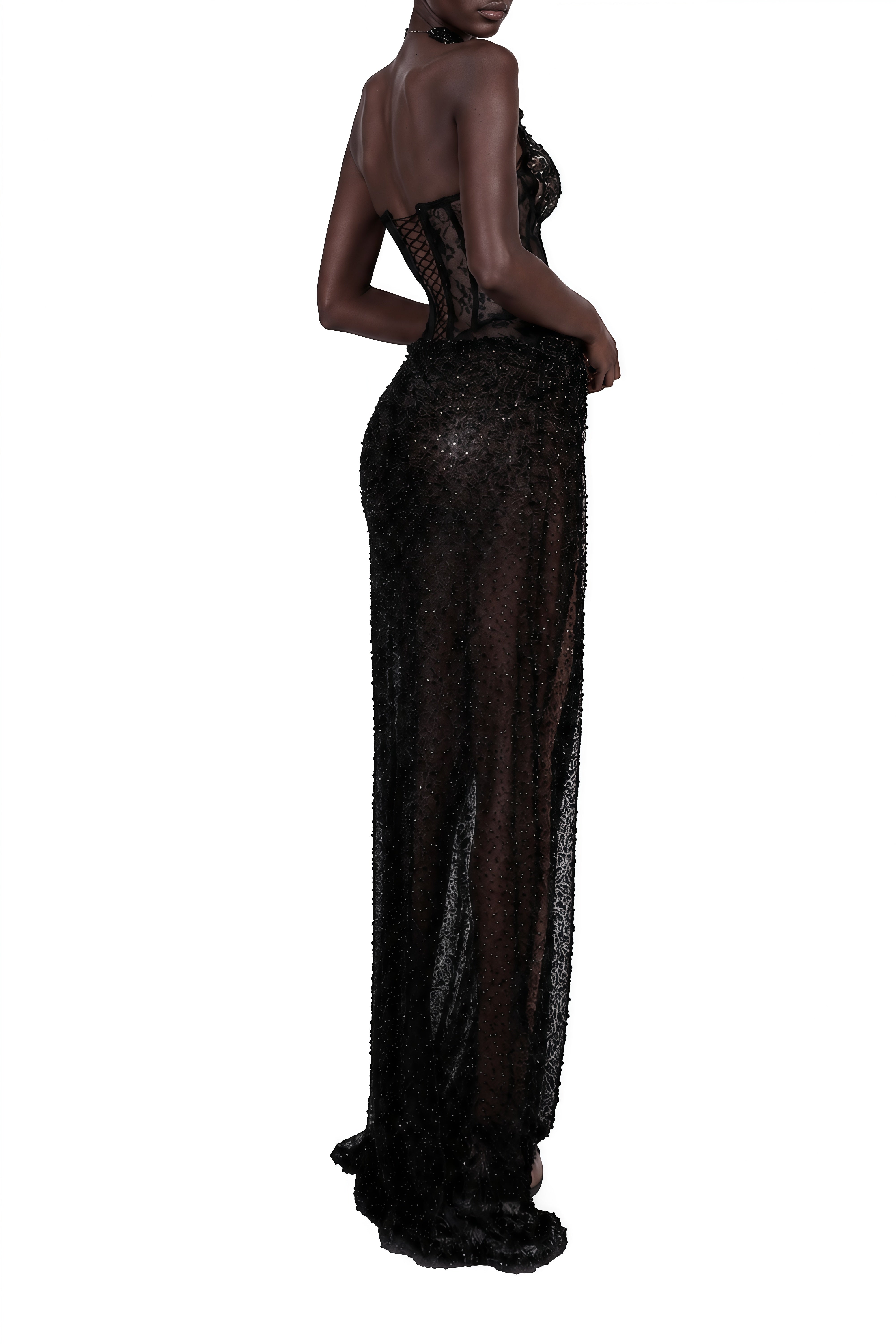 Celine Black Halterneck Lace Maxi Dress
