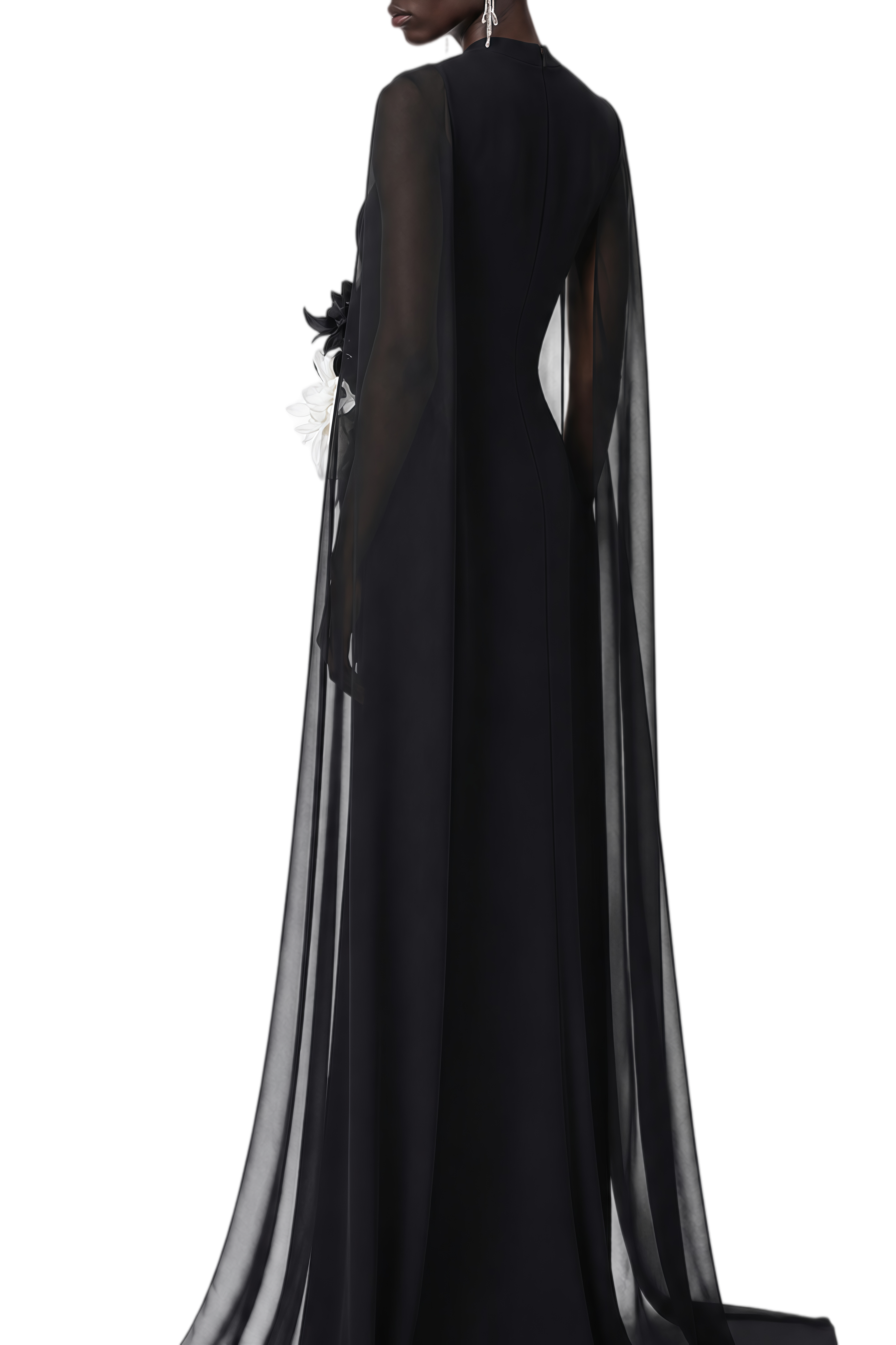 Odette Black 3D Floral Appliqué Cape Design Maxi Dress
