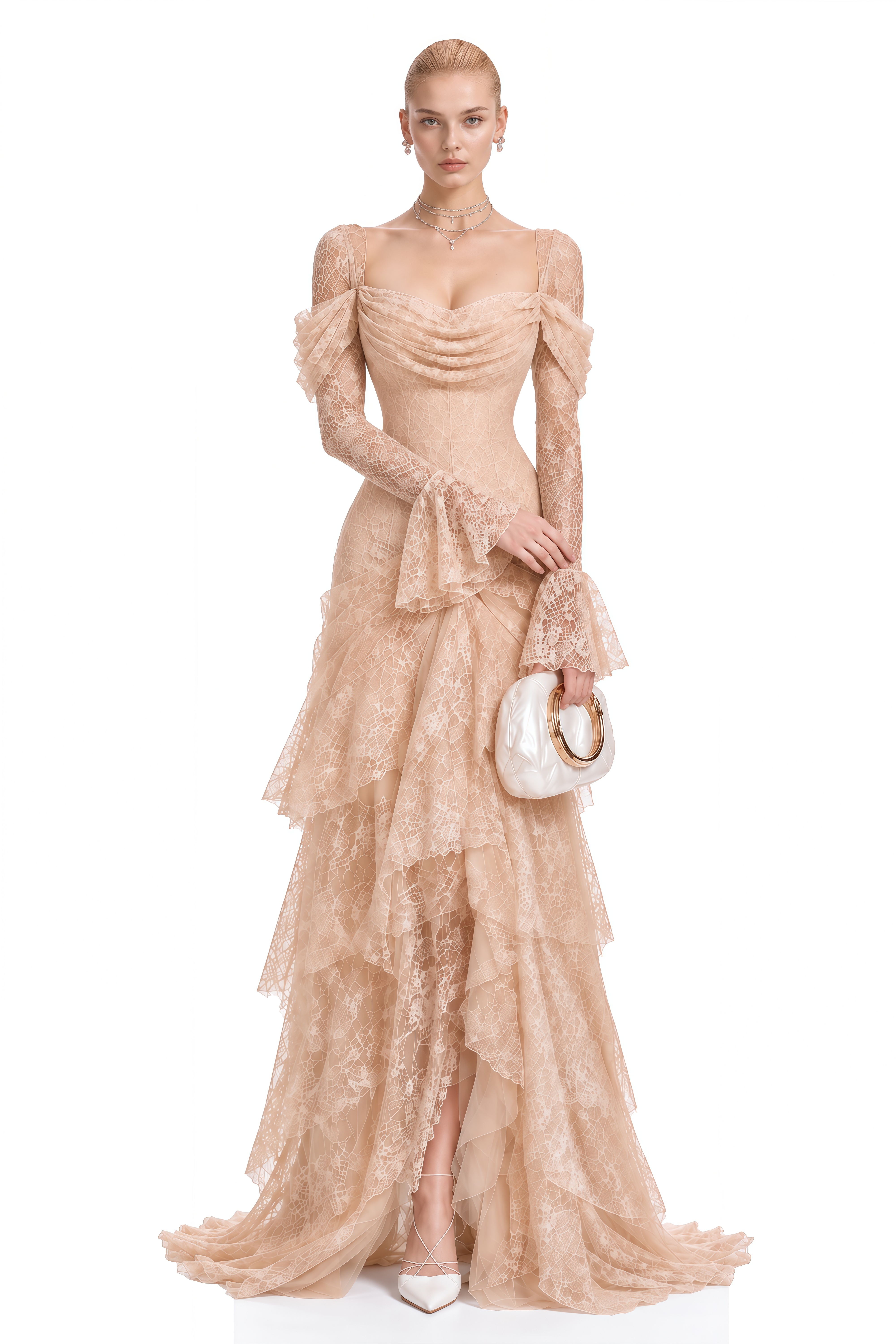 Viola Neutral Long Sleeves Lace Maxi Dress