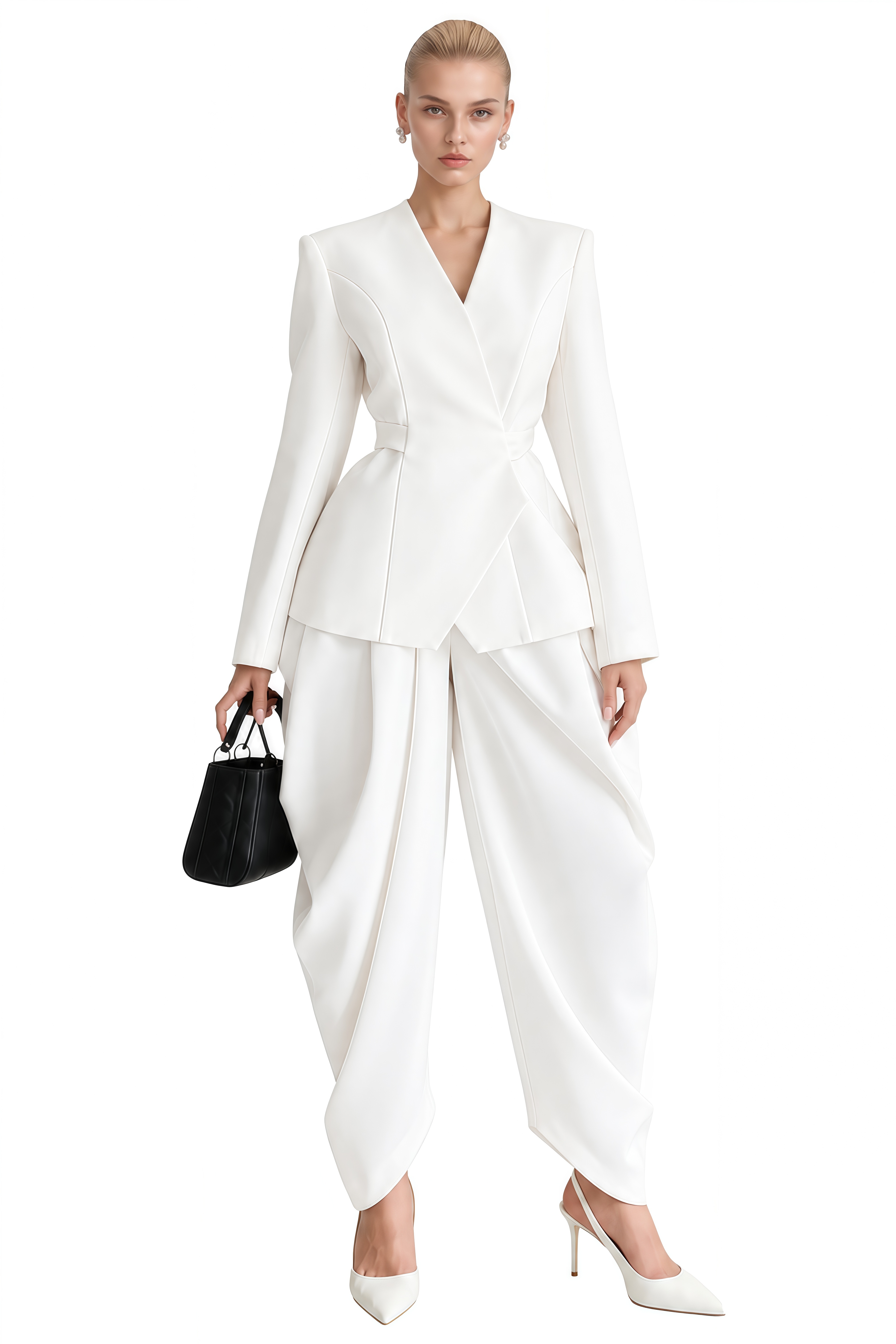 Hazel White Asymmetrical Draped Jacket & Trousers Set