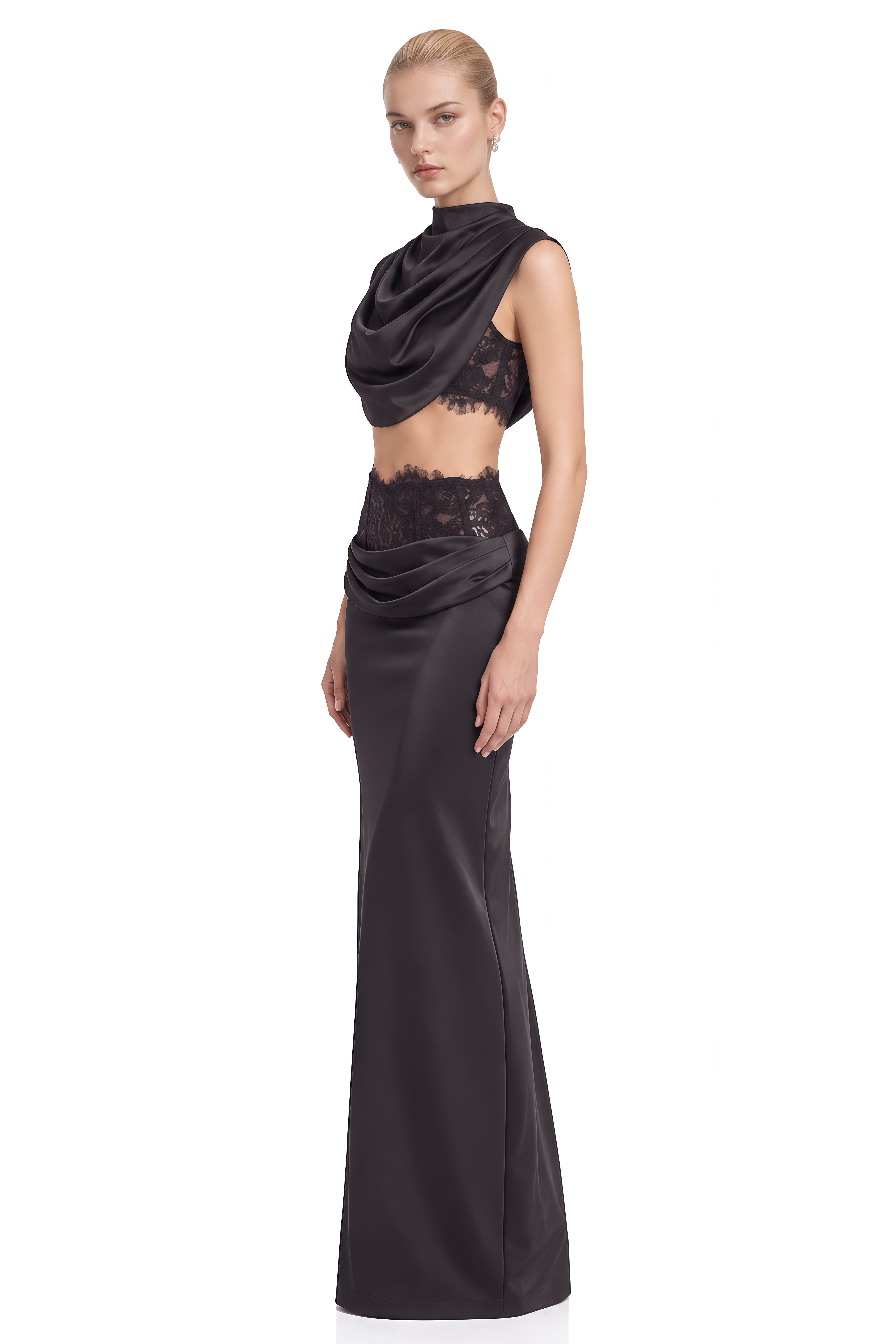 Dawn Black Sleeveless Draped Top & Skirt Set