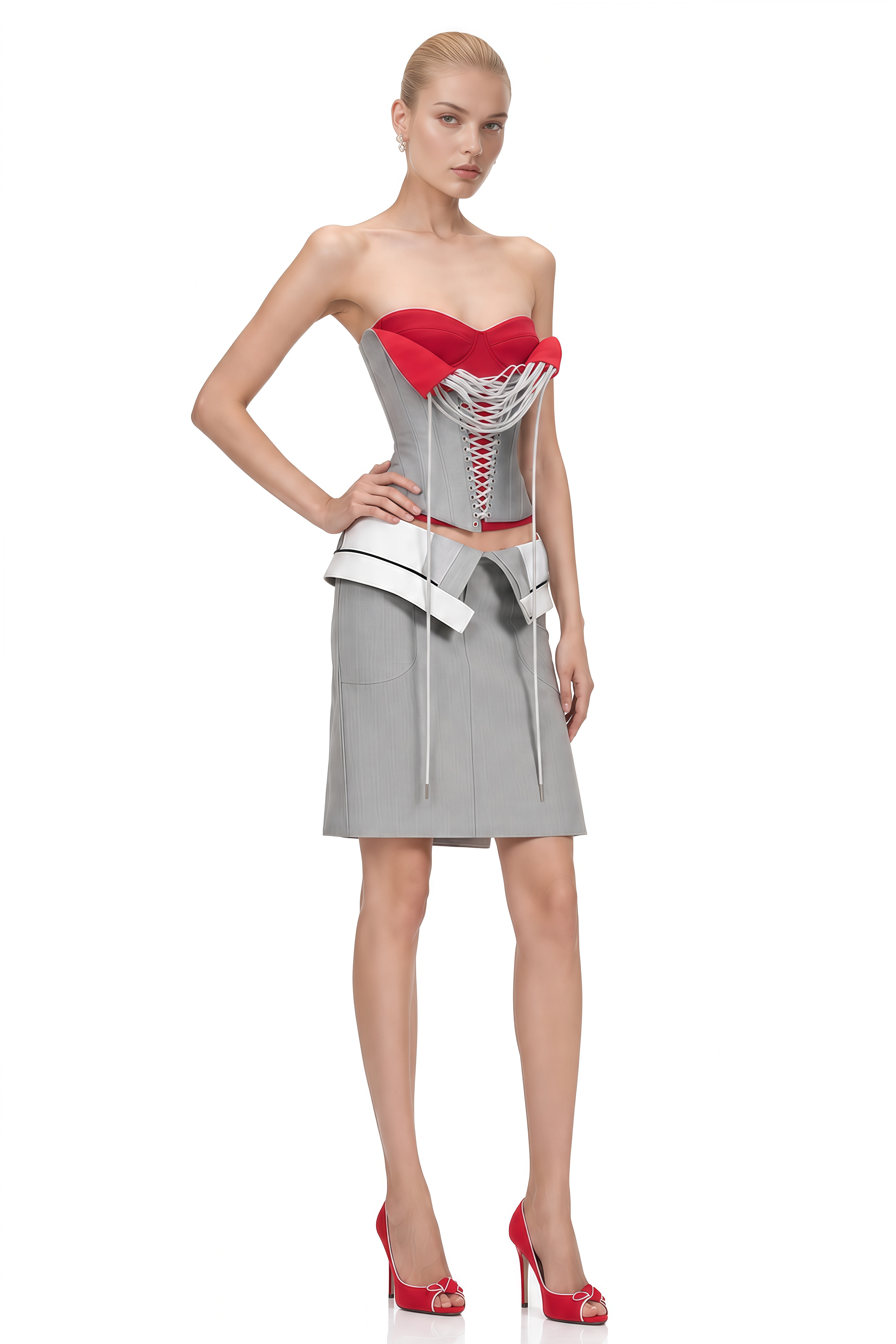 Cora Grey Strapless Lace-Up Top & Skirt Set