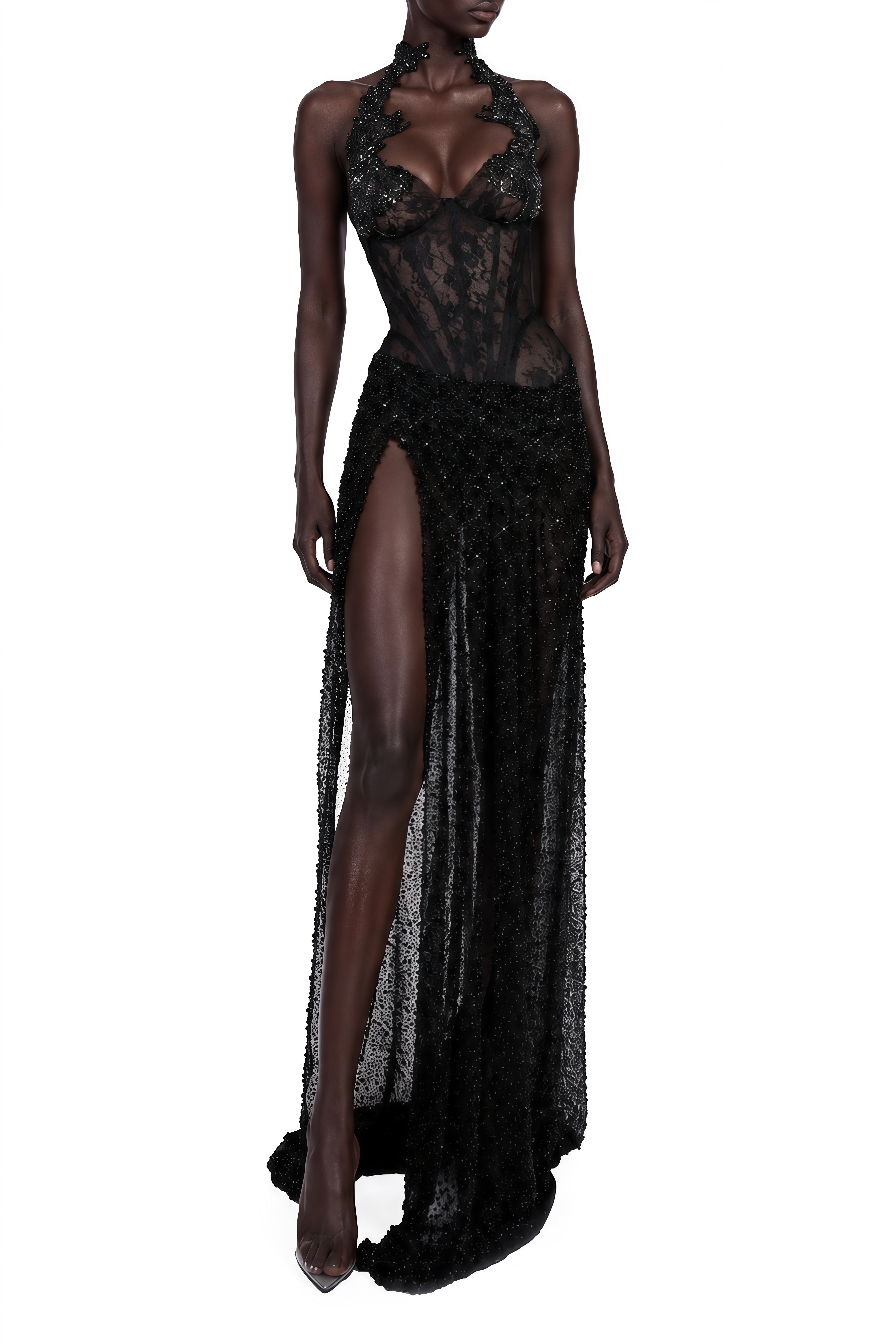 Celine Black Halterneck Lace Maxi Dress