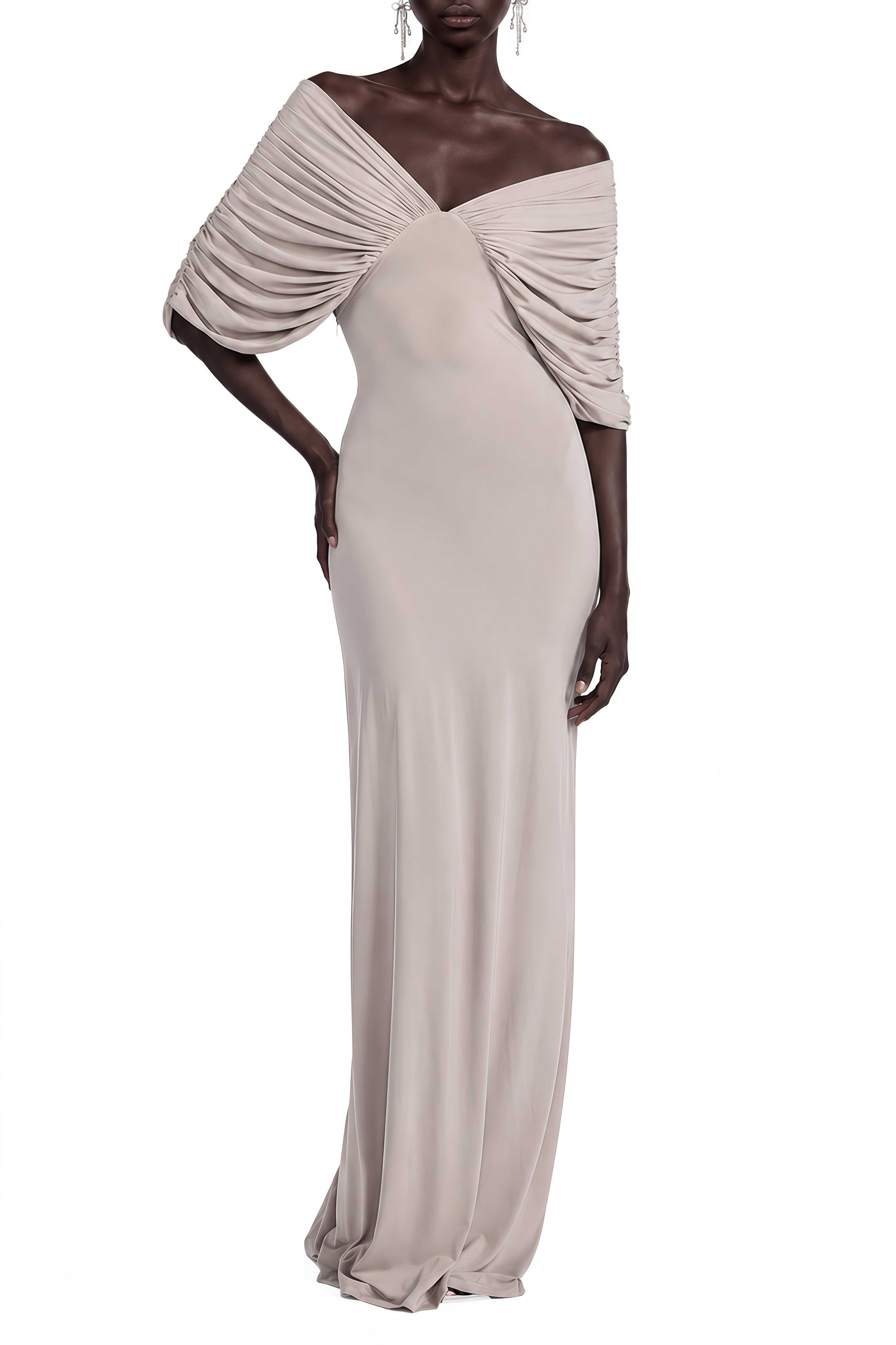 Stella Grey Off Shoulder Ruched Maxi Dress