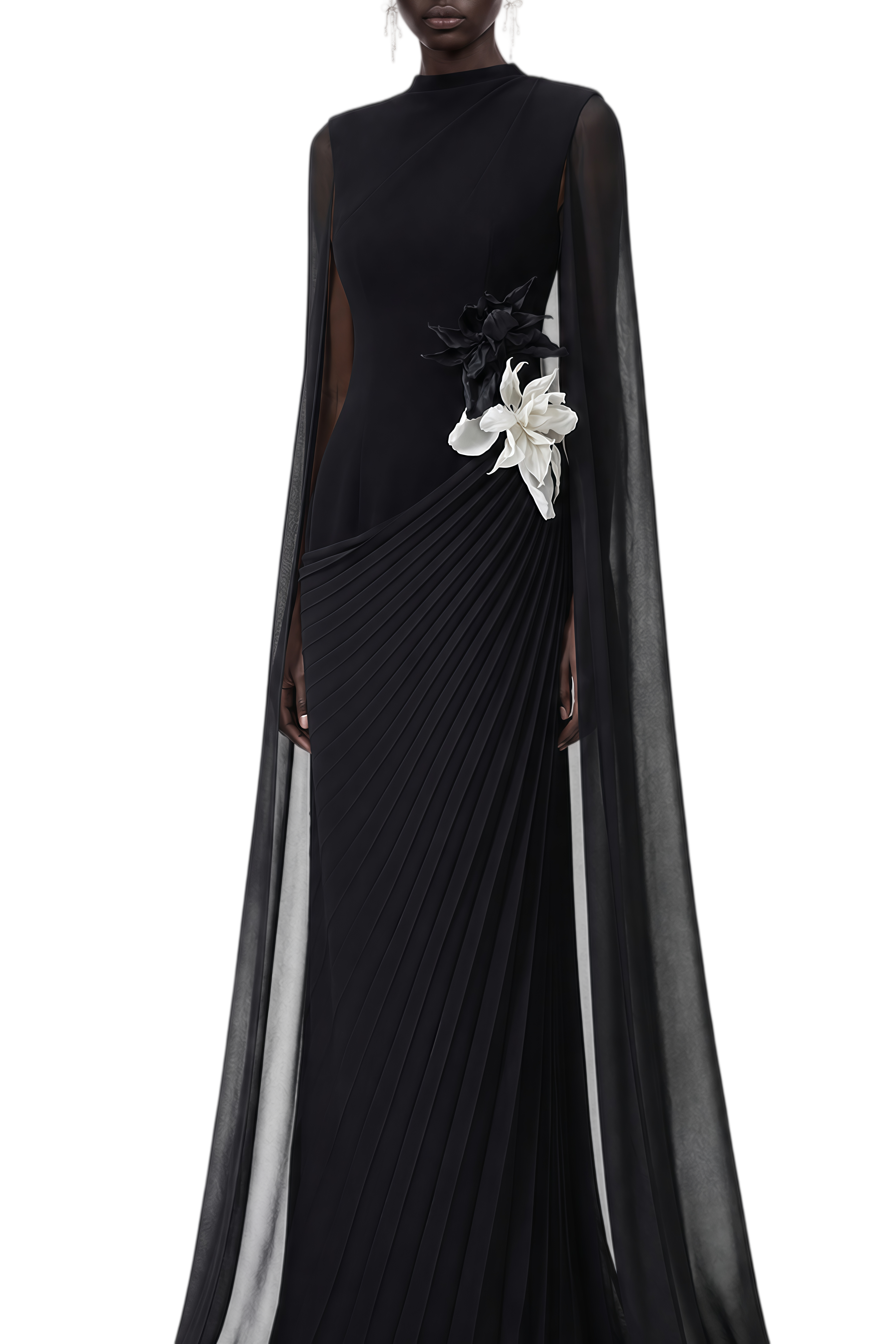 Odette Black 3D Floral Appliqué Cape Design Maxi Dress
