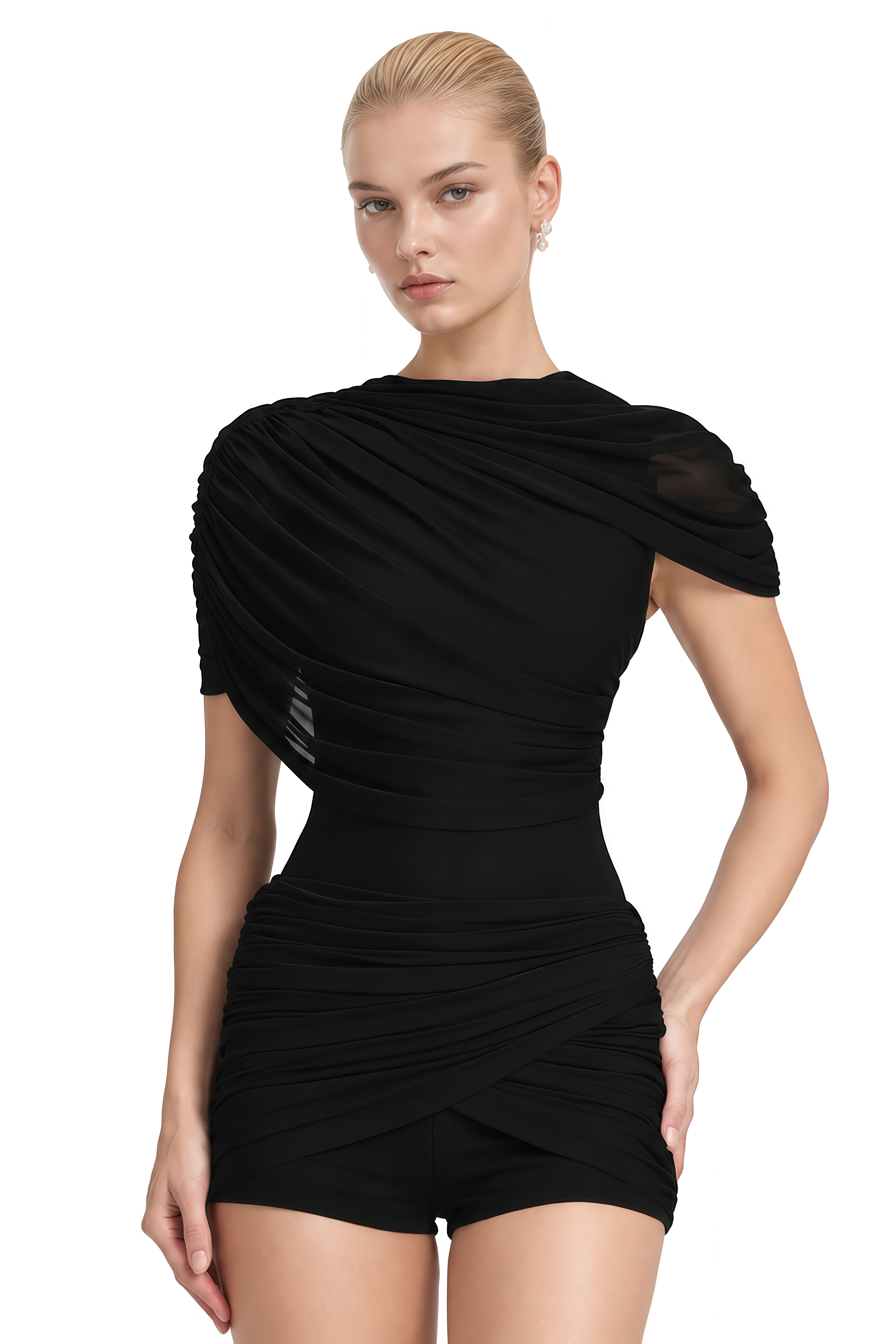 Victoria Black Asymmetrical Draped Bodysuit & Shorts Set