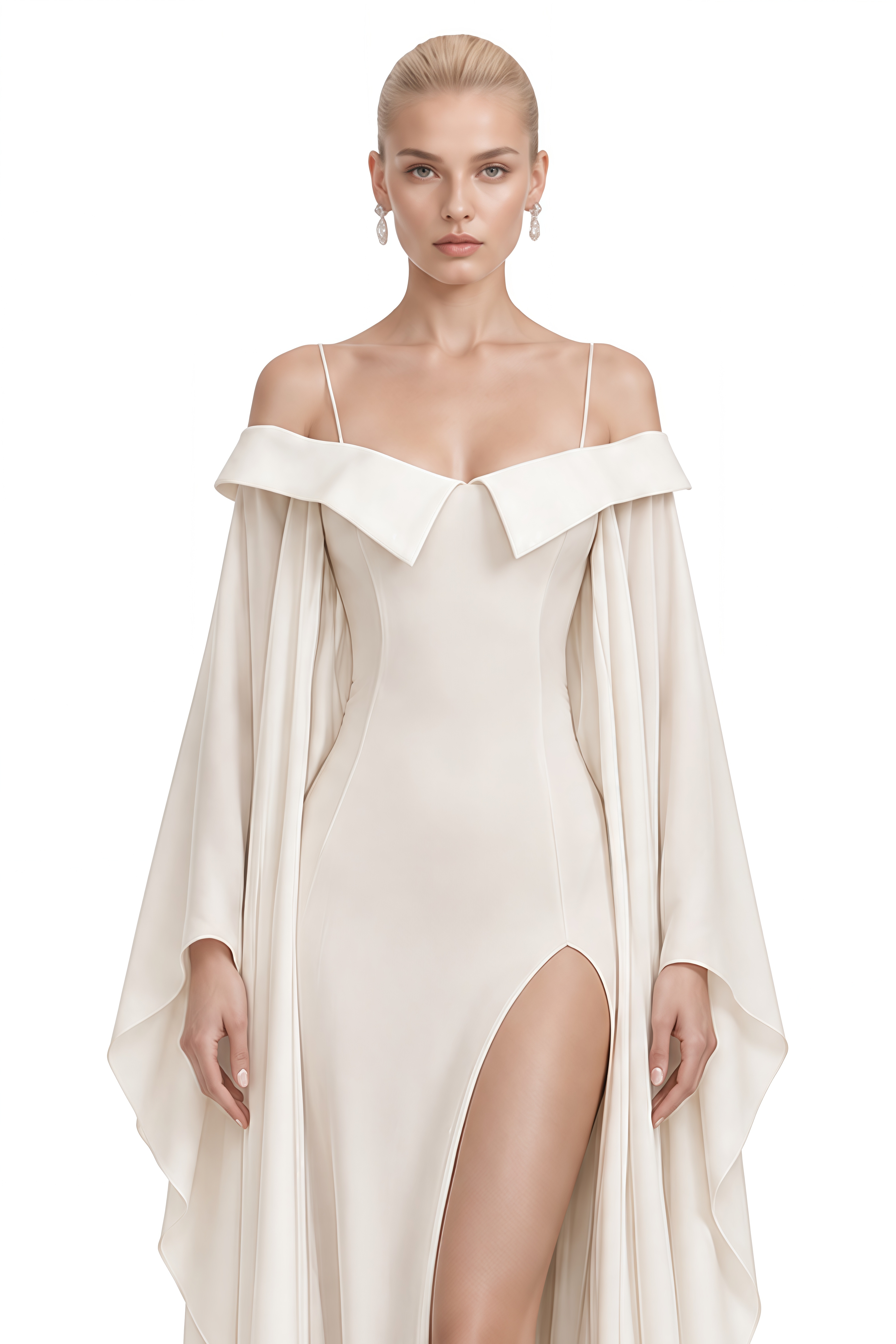 Ava White Cape Sleeve Draped Maxi Dress