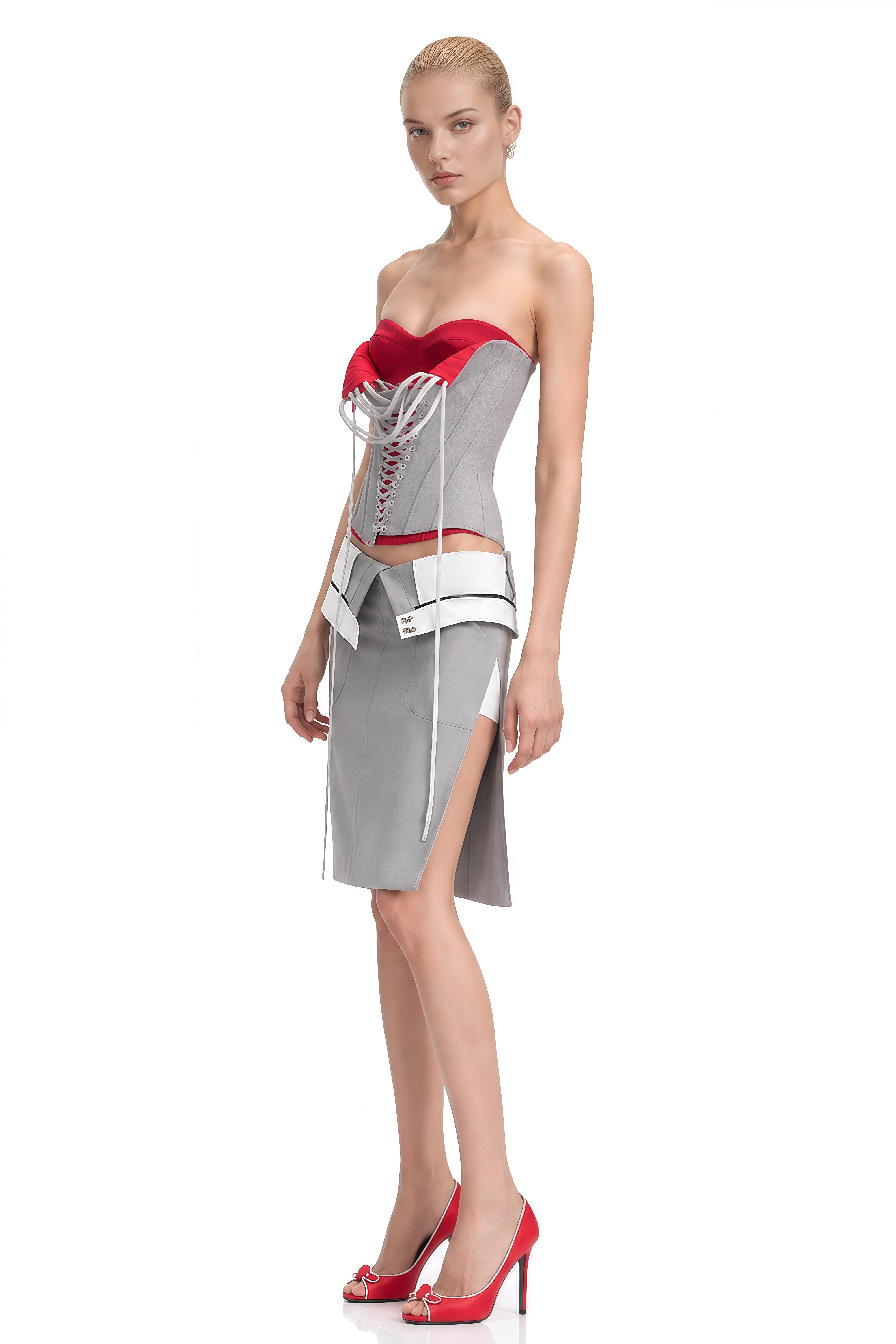 Cora Grey Strapless Lace-Up Top & Skirt Set