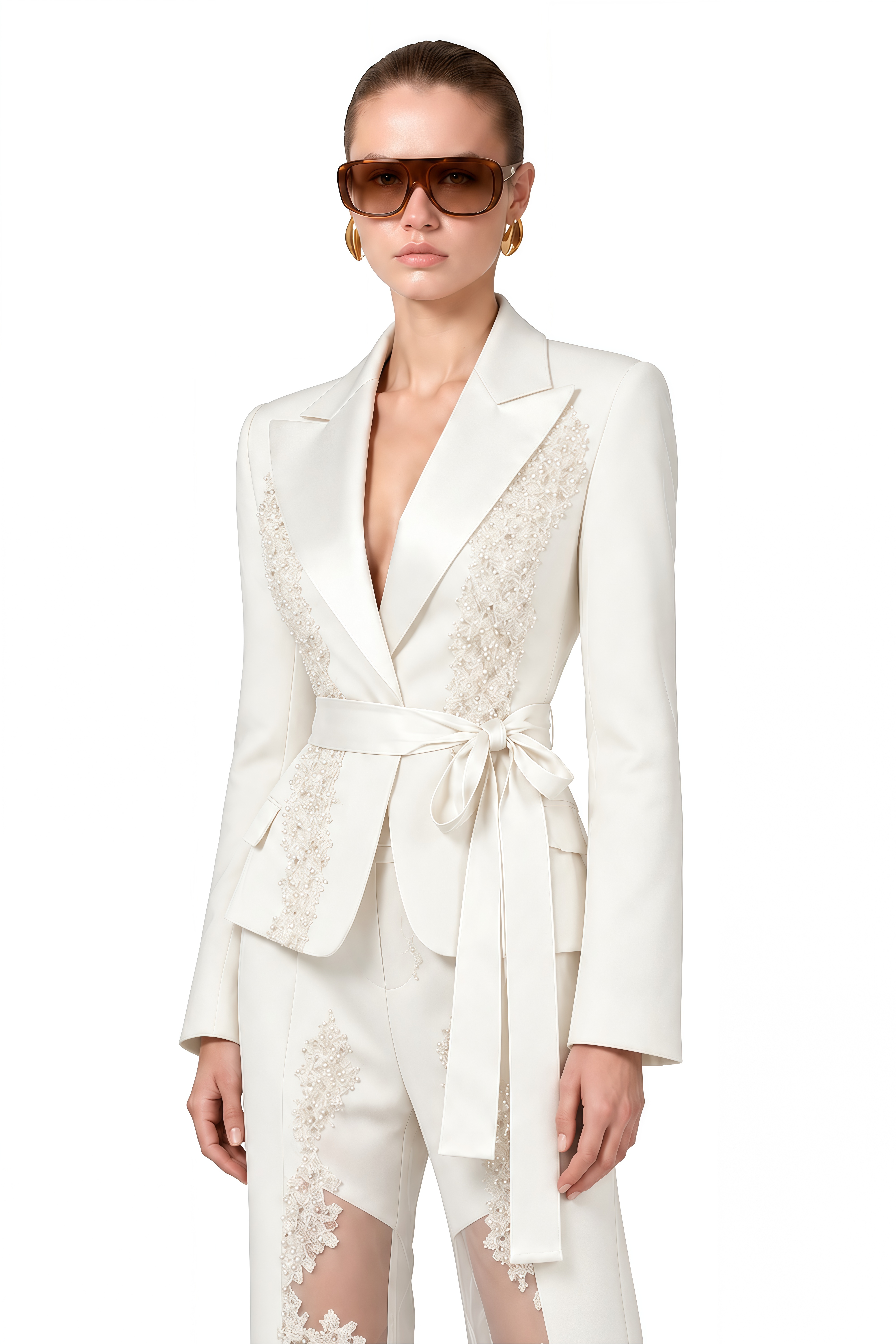 Celine White V-Neck Lace Jacket & Trousers Set