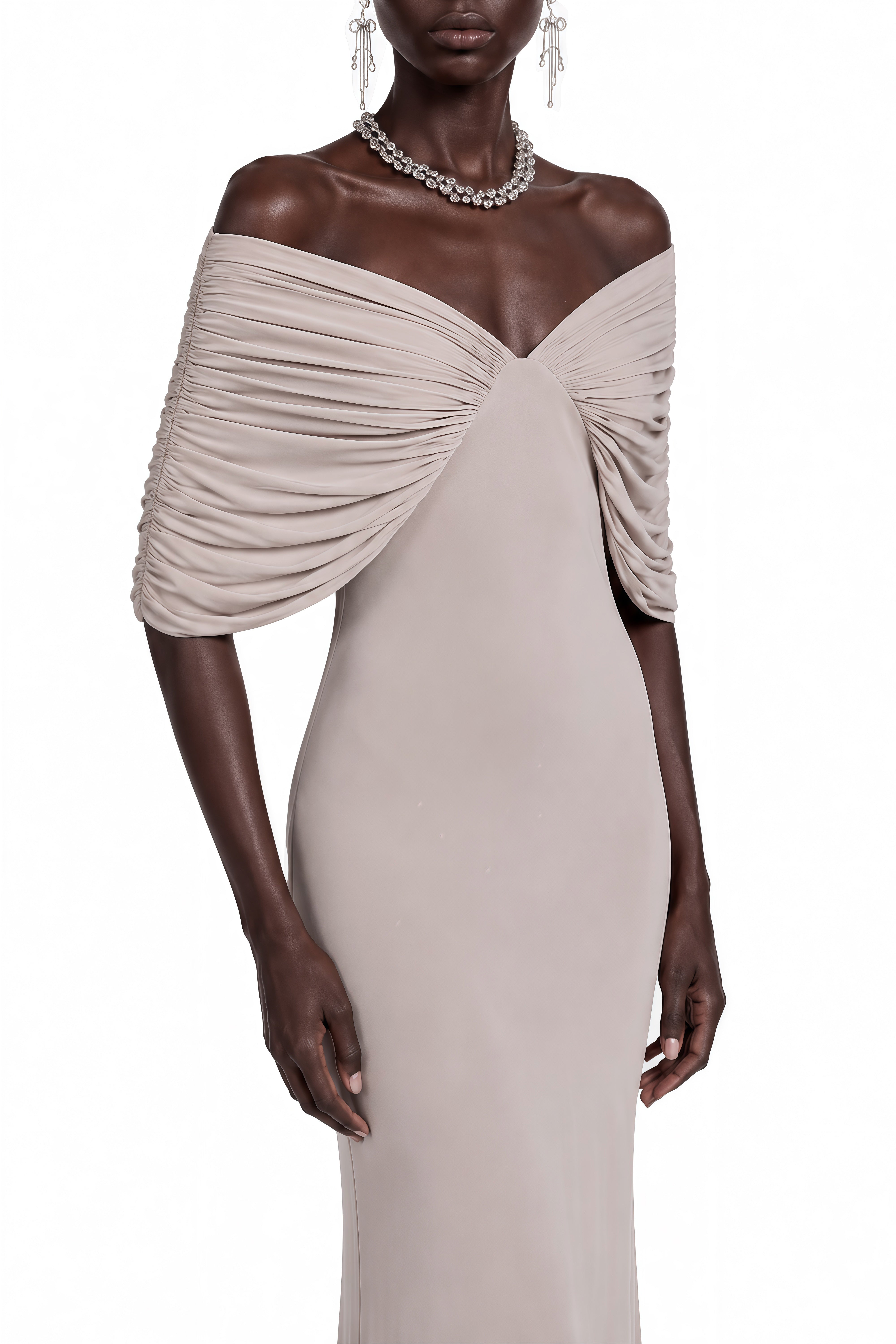 Stella Grey Off Shoulder Ruched Maxi Dress