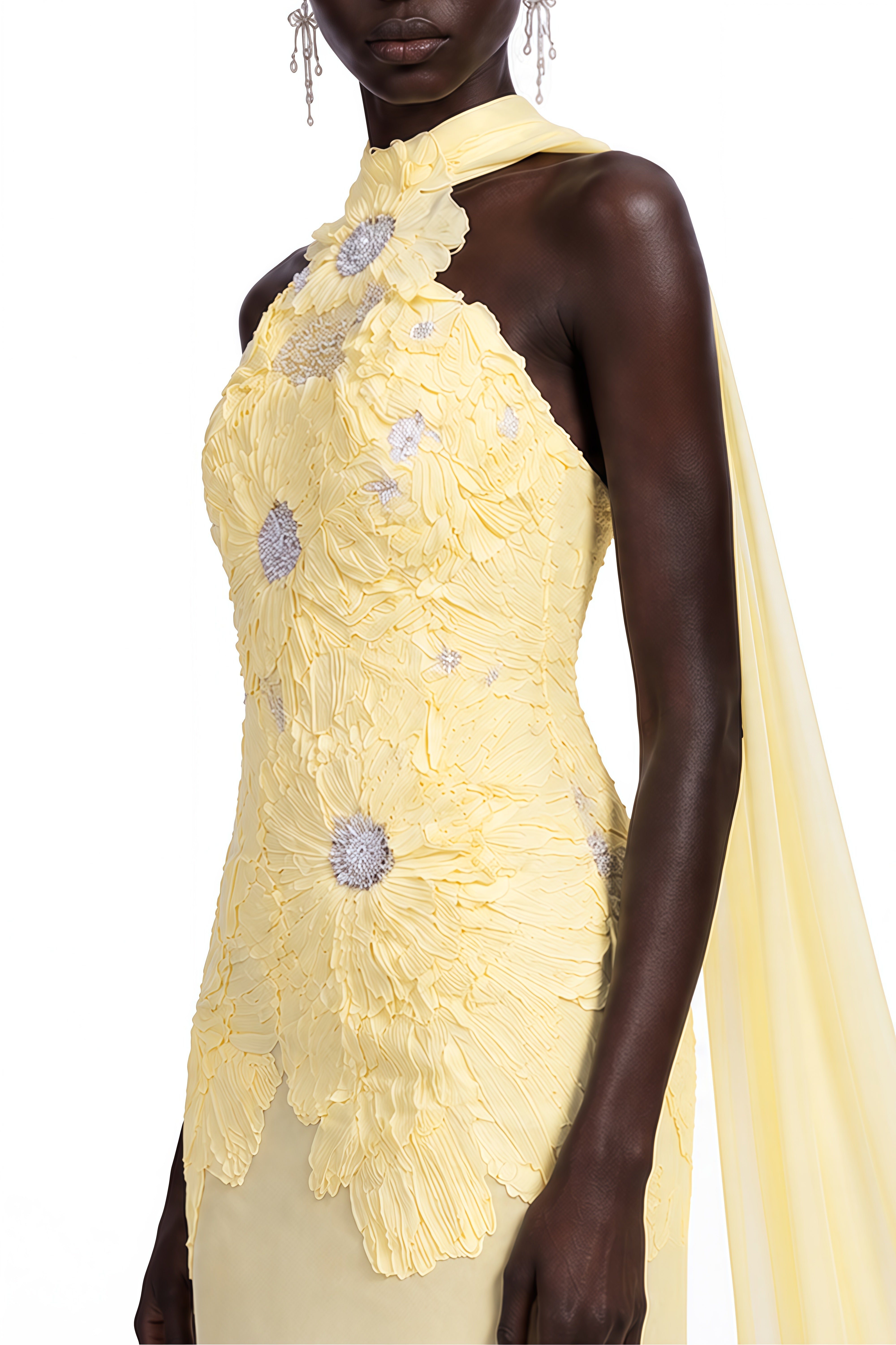 Viola Yellow Floral Embroidered Ruched Maxi Dress