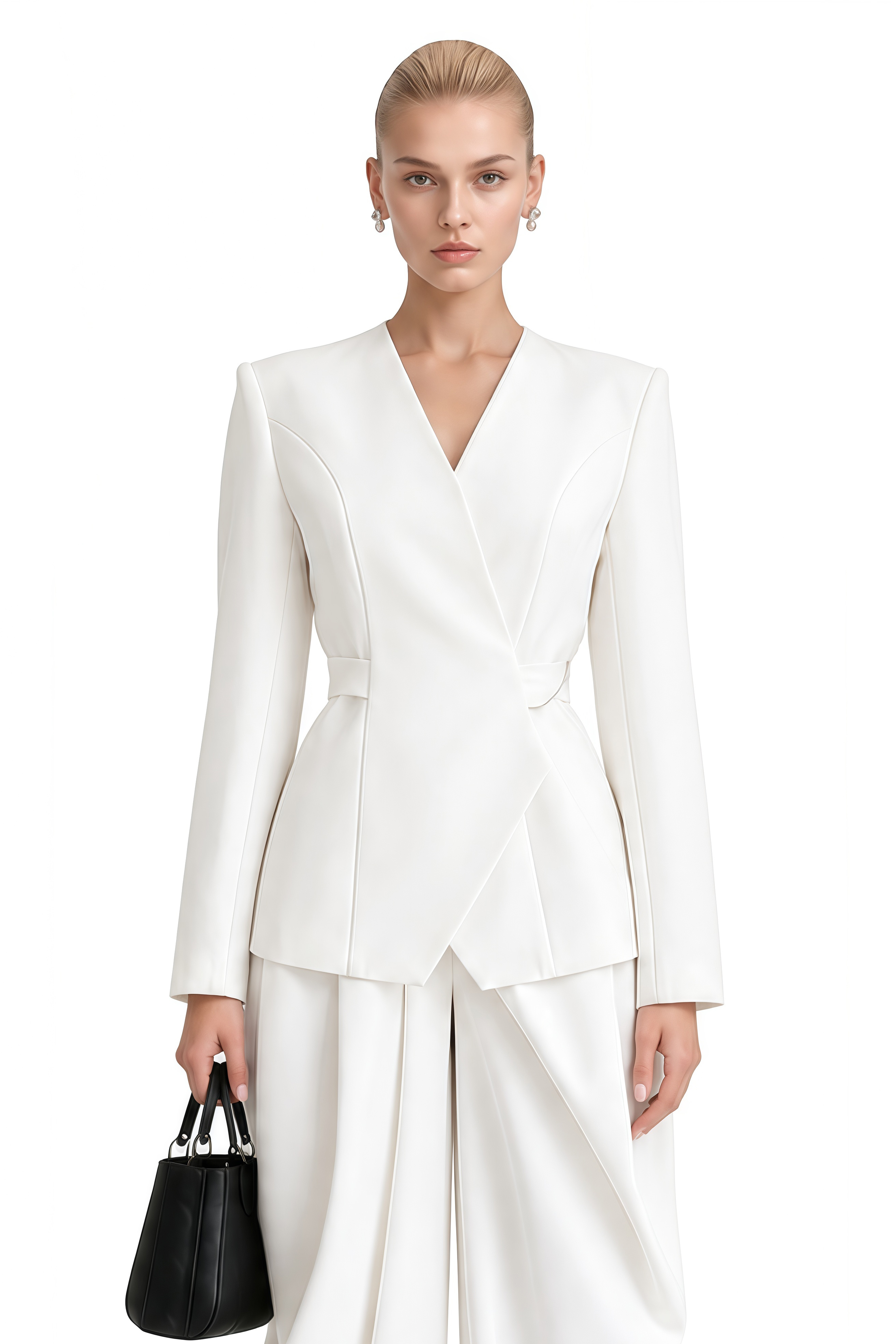 Hazel White Asymmetrical Draped Jacket & Trousers Set
