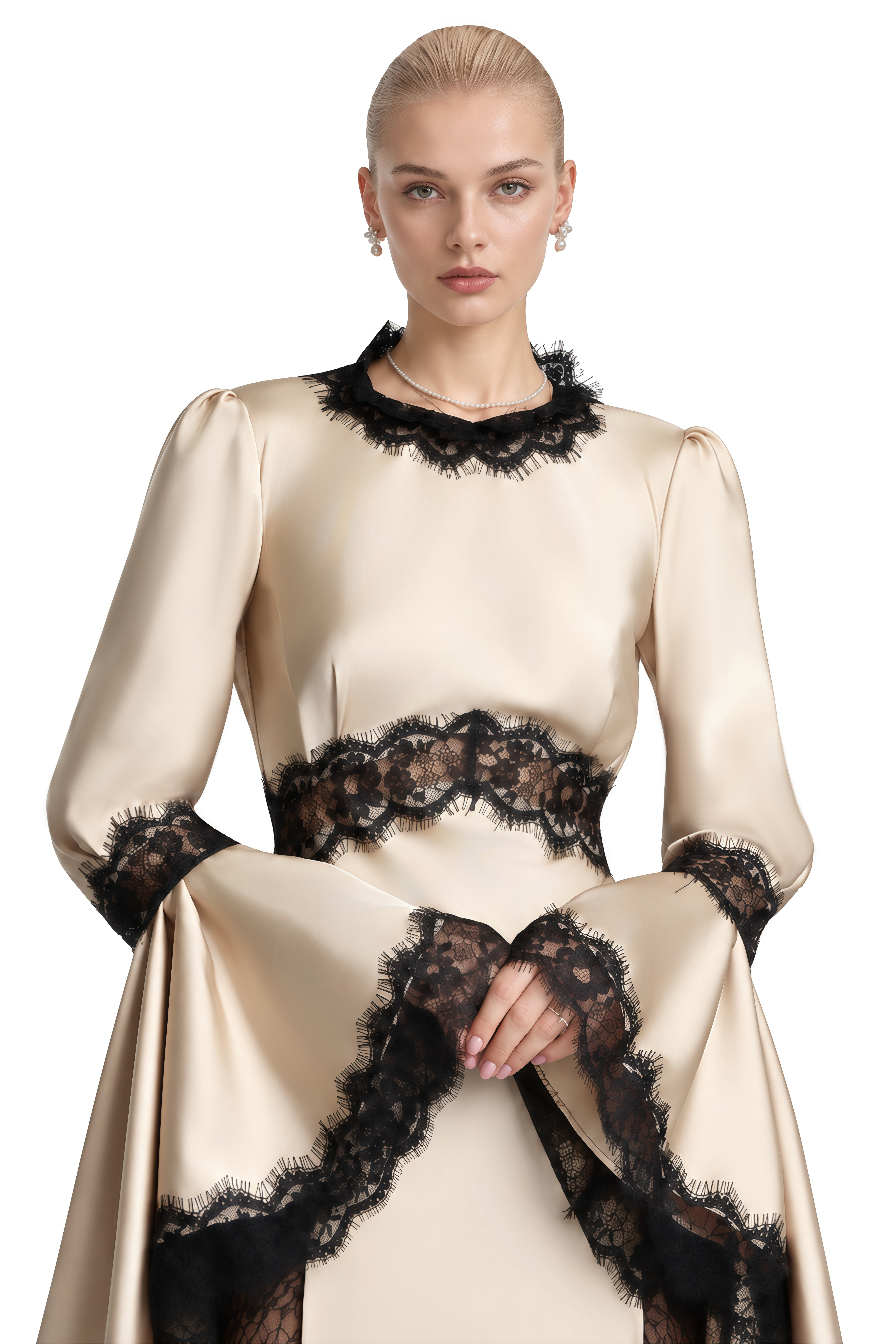 Eulalia Neutral Cut-Out Lace-Trim Maxi Dress