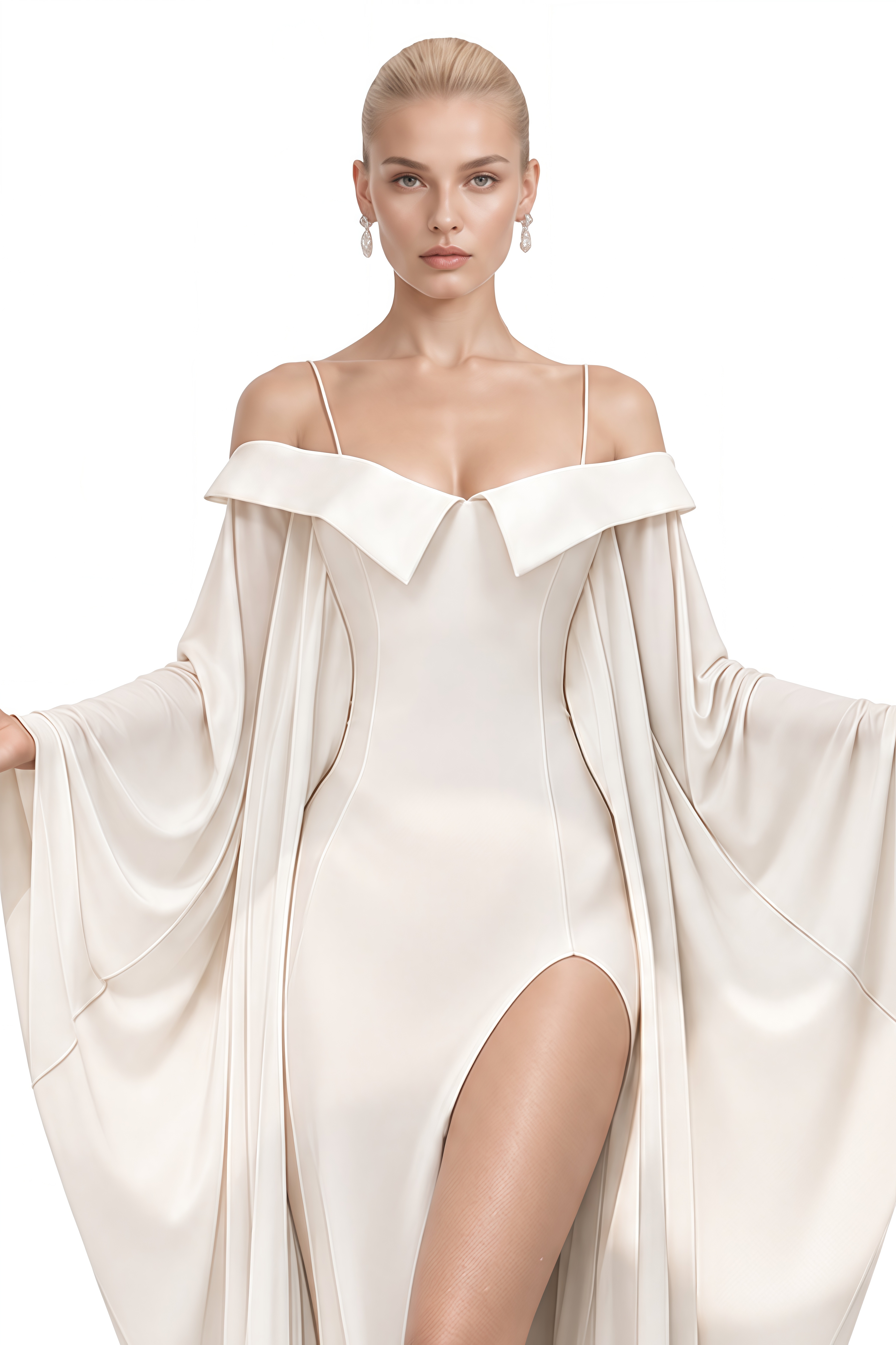 Ava White Cape Sleeve Draped Maxi Dress