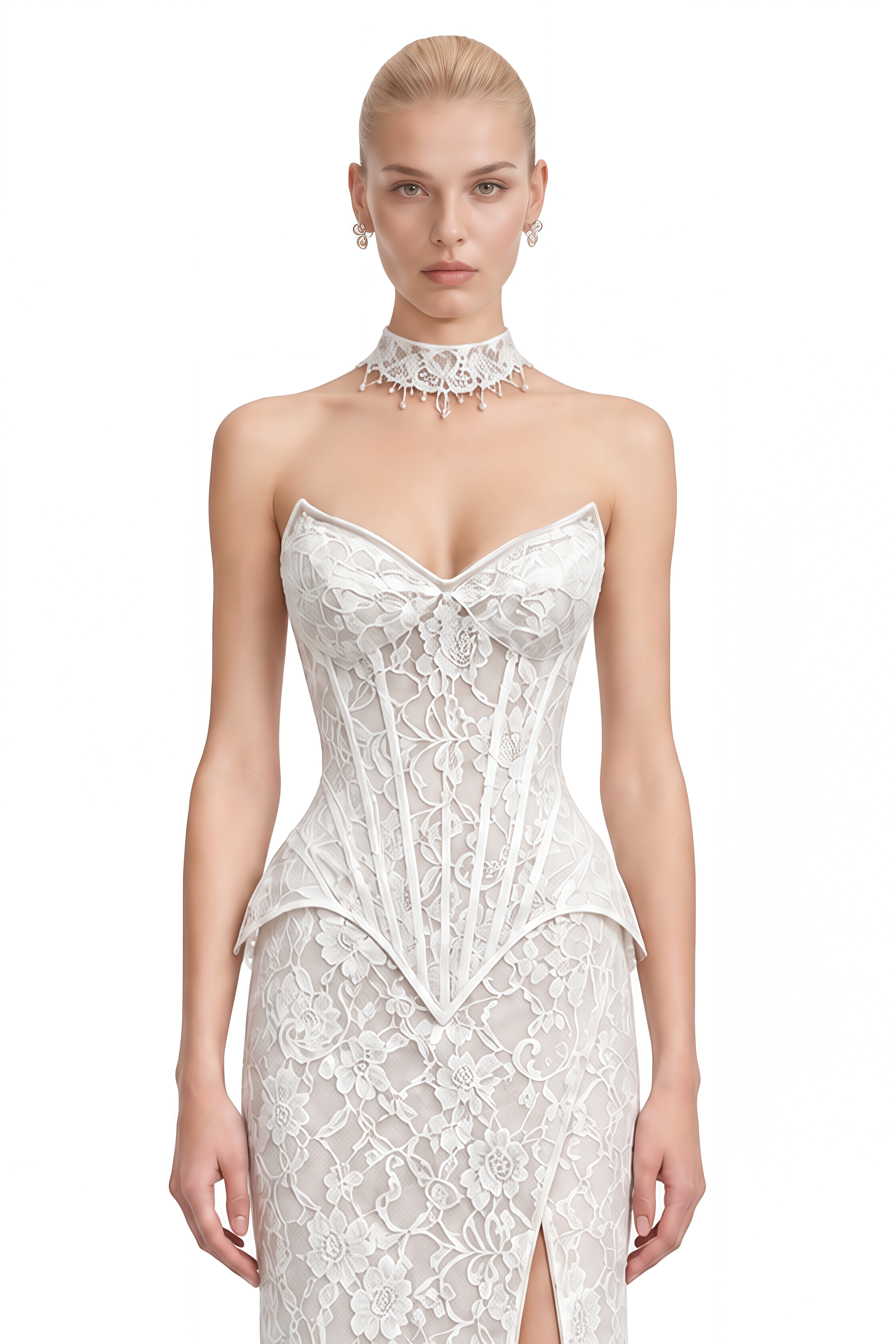 Marigold White Sleeveless Floral Lace Top & Skirt Set