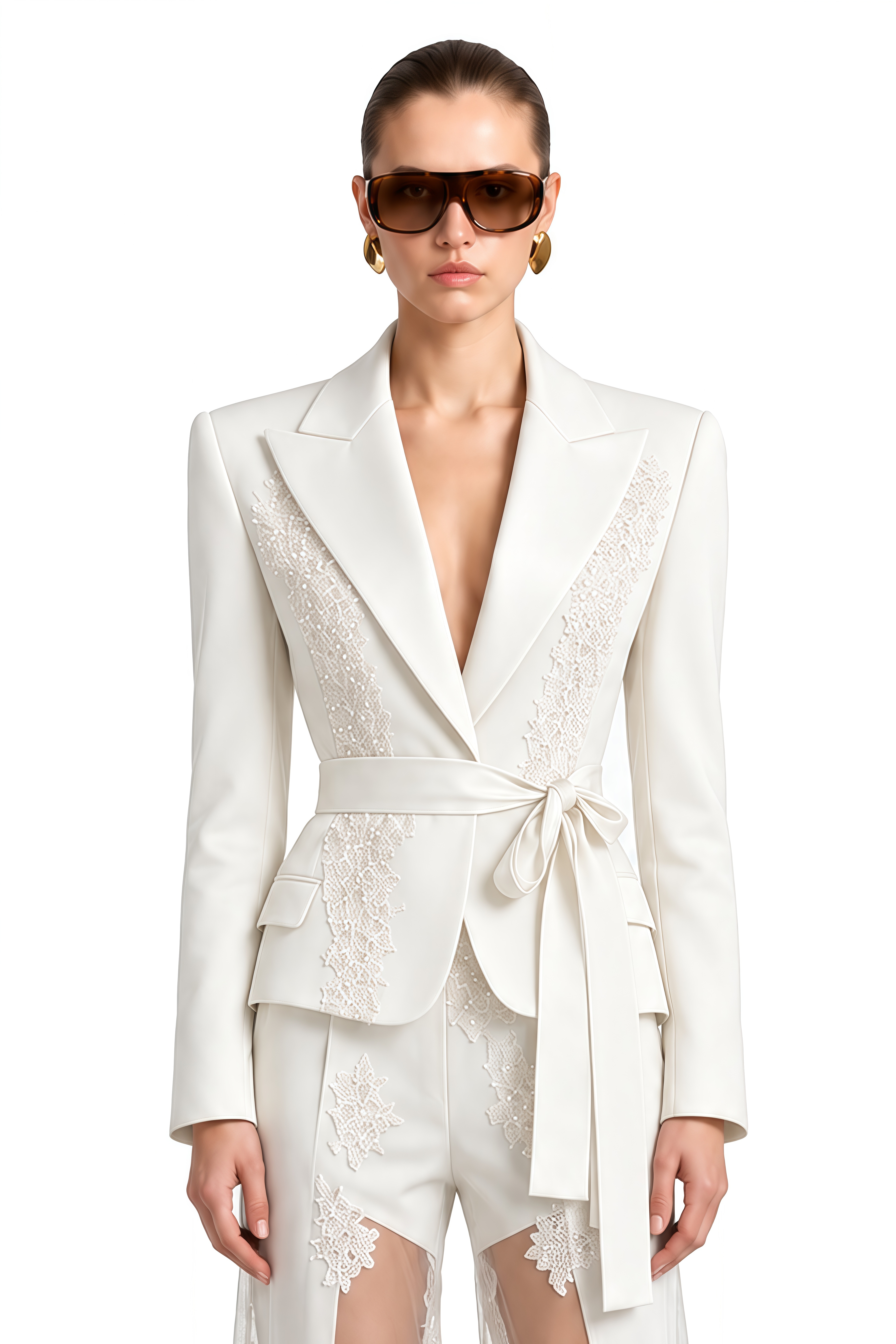 Celine White V-Neck Lace Jacket & Trousers Set