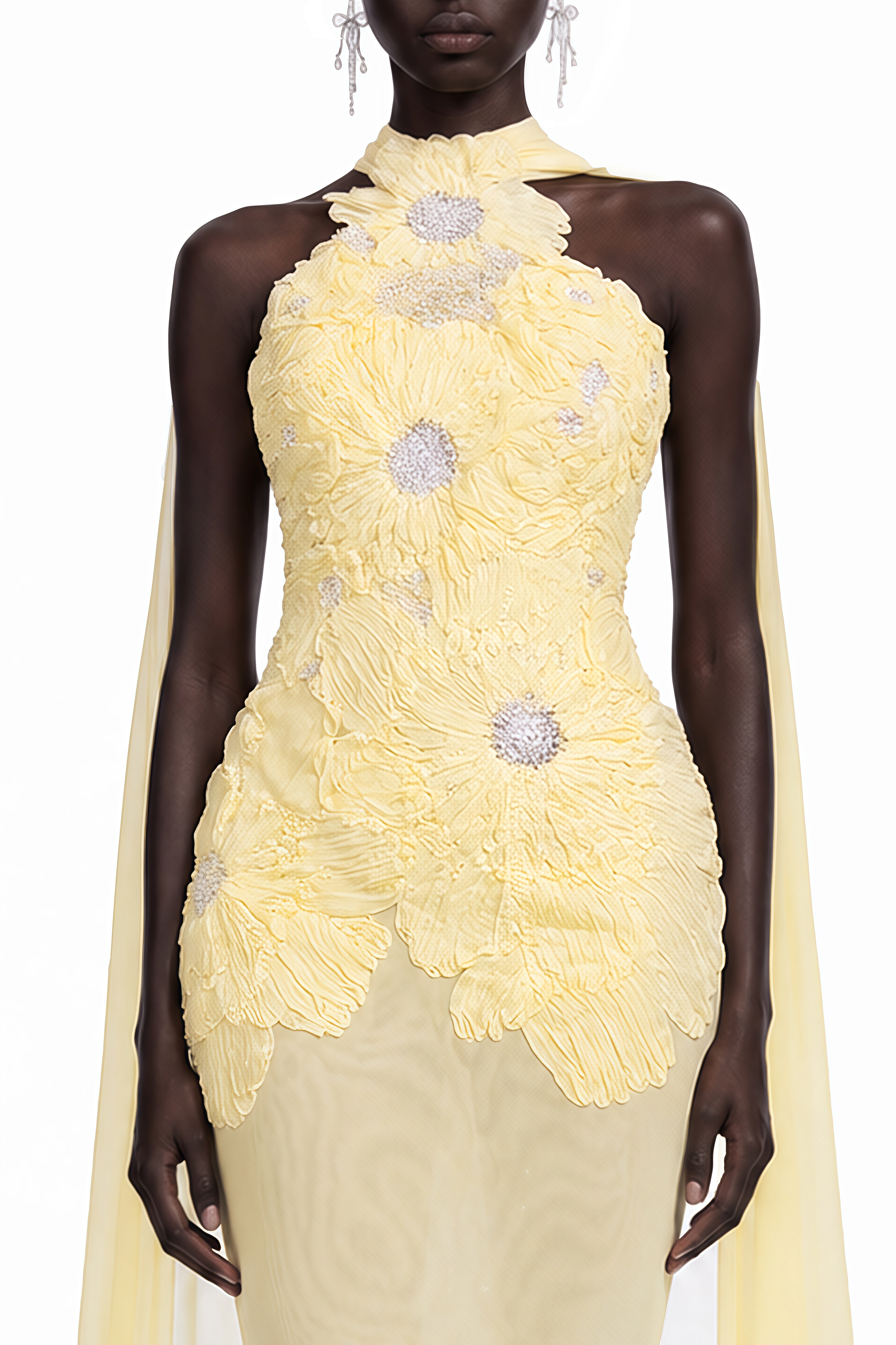 Viola Yellow Floral Embroidered Ruched Maxi Dress