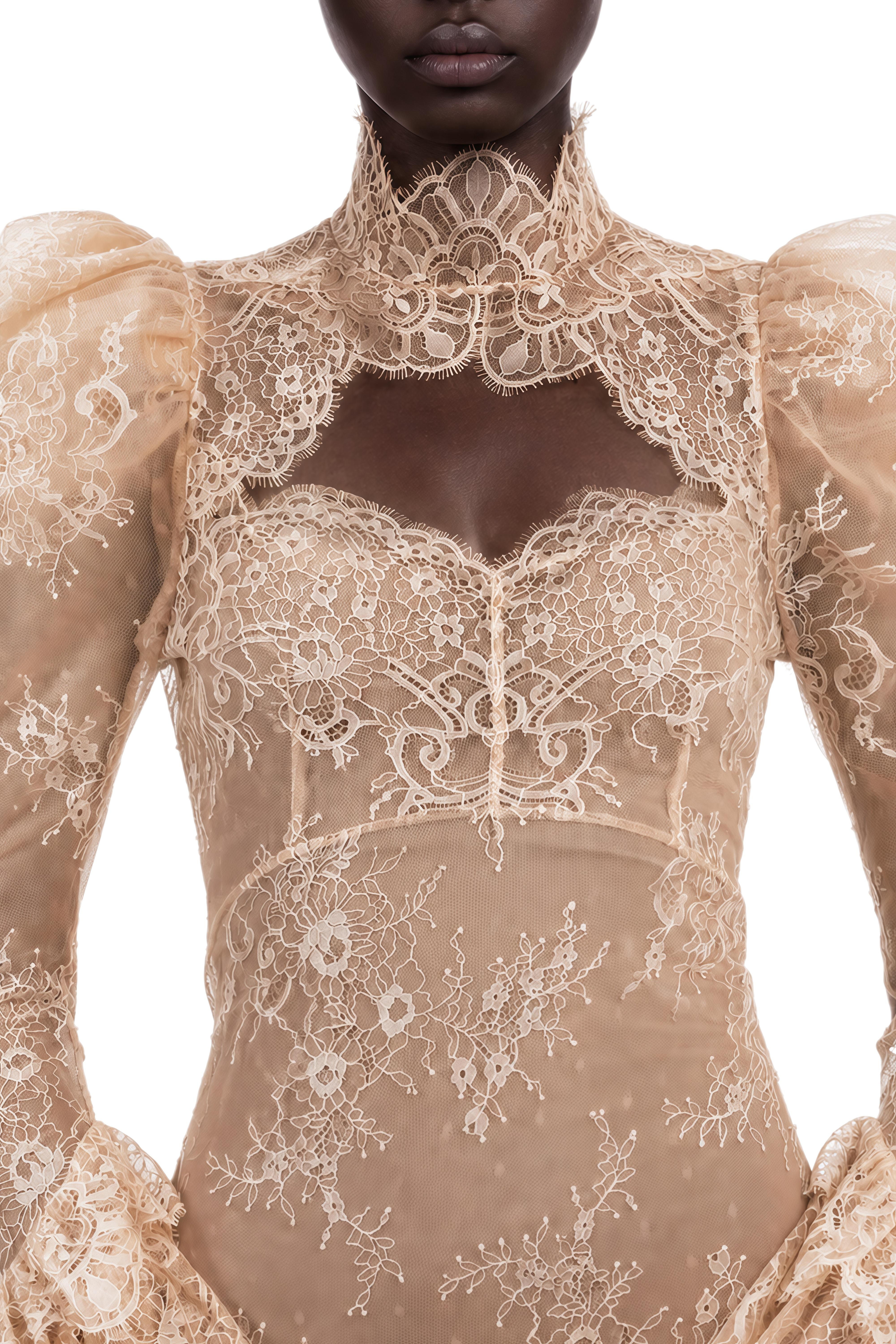 Liora Neutral Long Sleeves Lace Maxi Dress