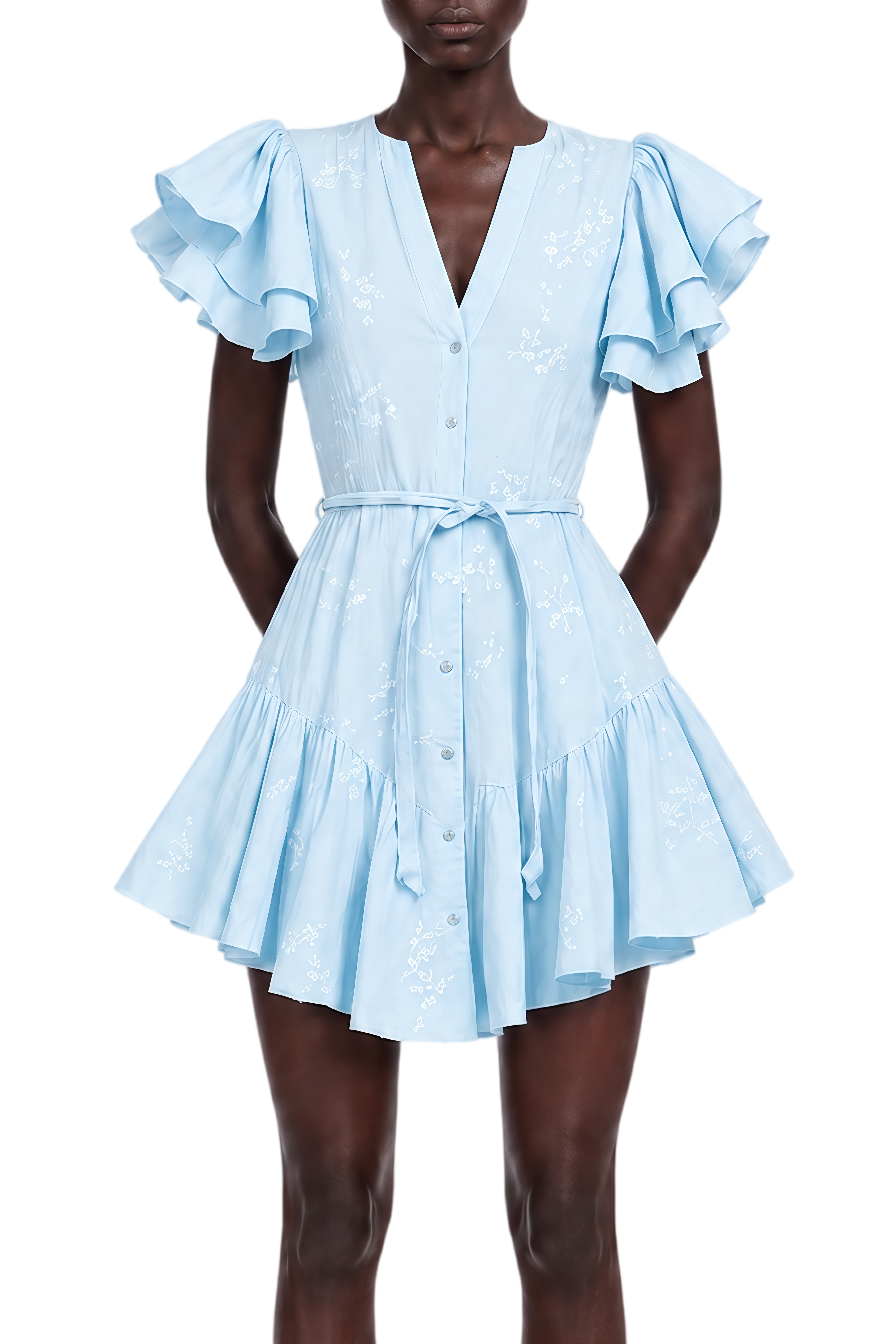 Vienne Blue V-Neck Ruffled Mini Dress