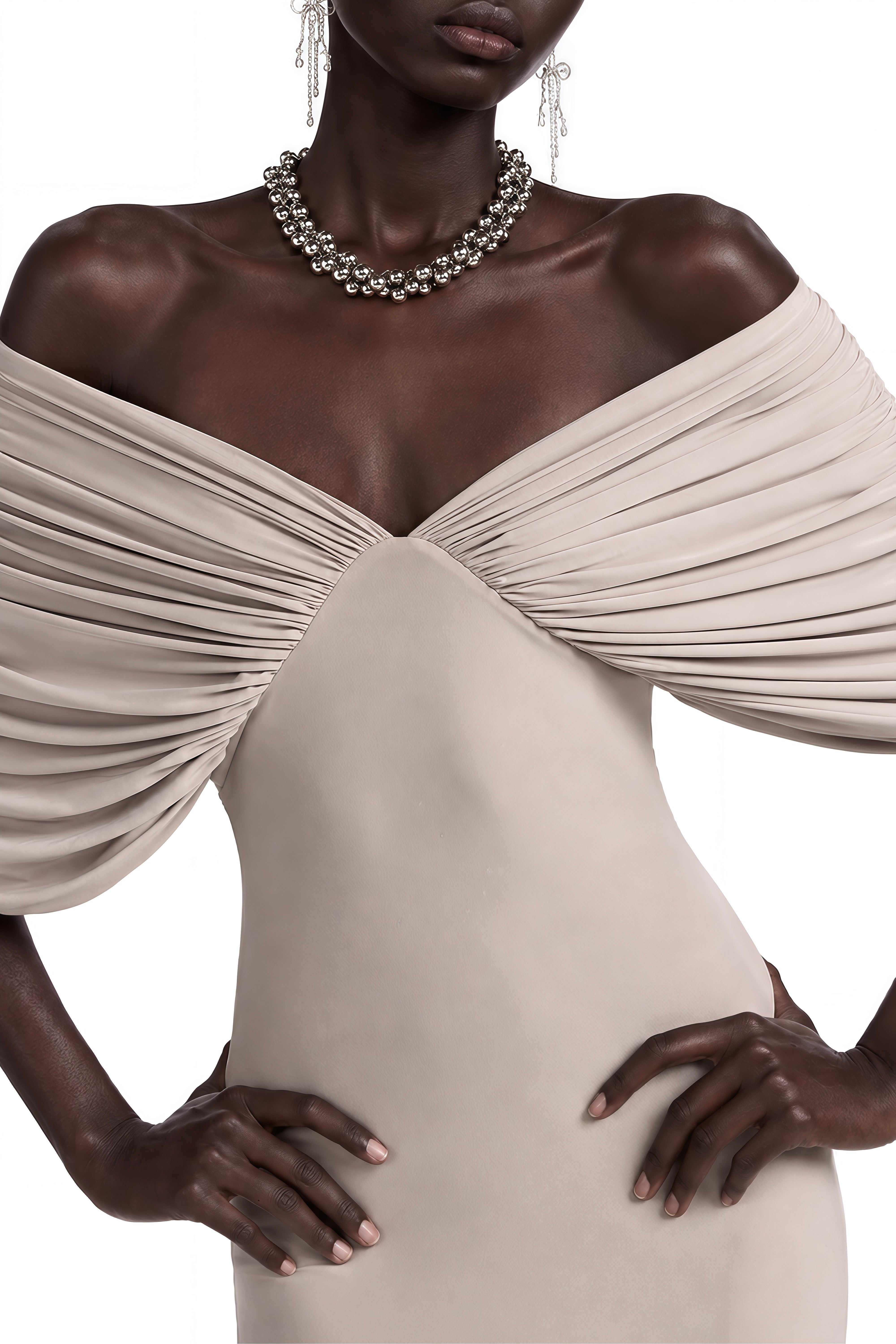 Stella Grey Off Shoulder Ruched Maxi Dress