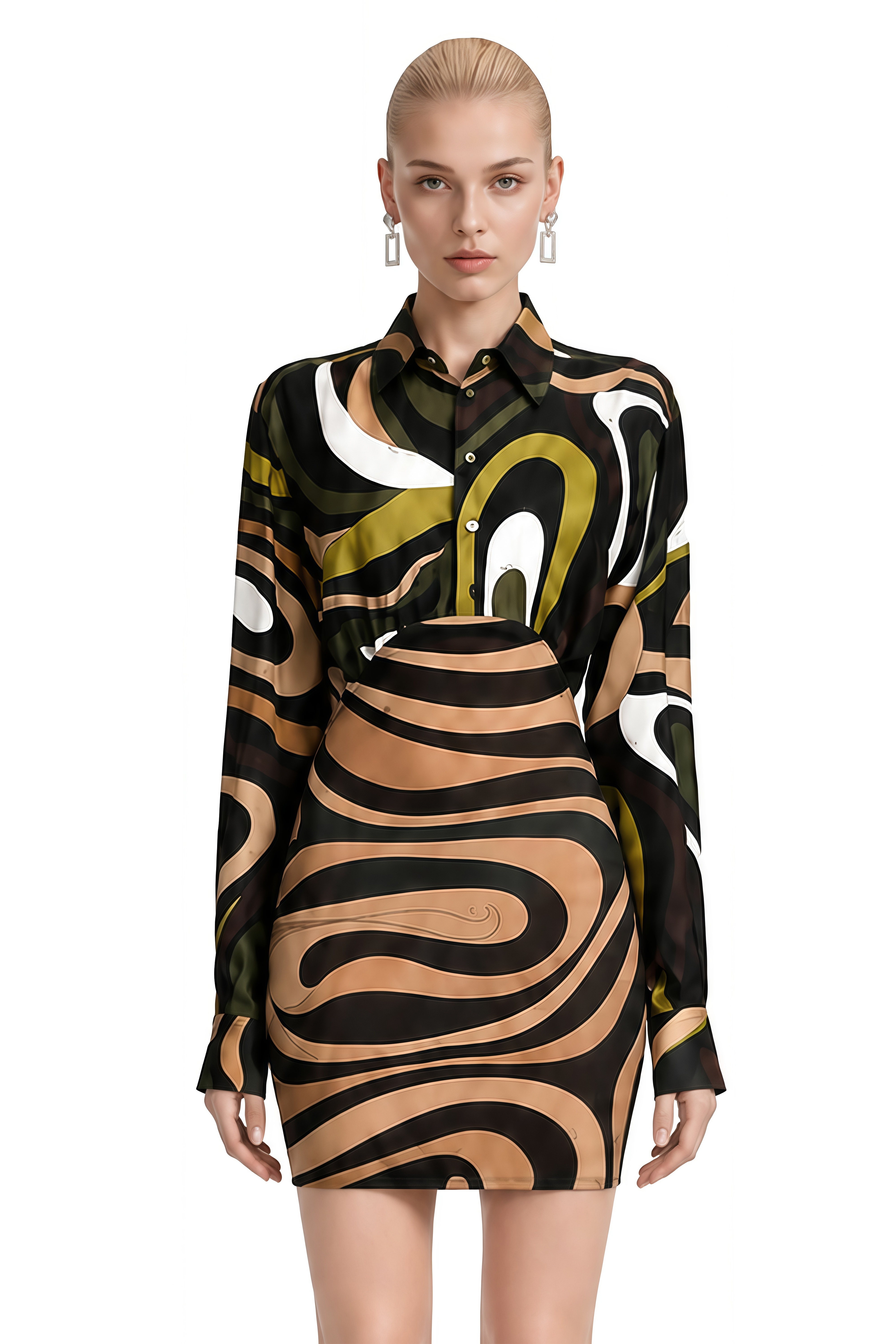 Ophelia Olive Green Abstract Print High-Waist Mini Dress