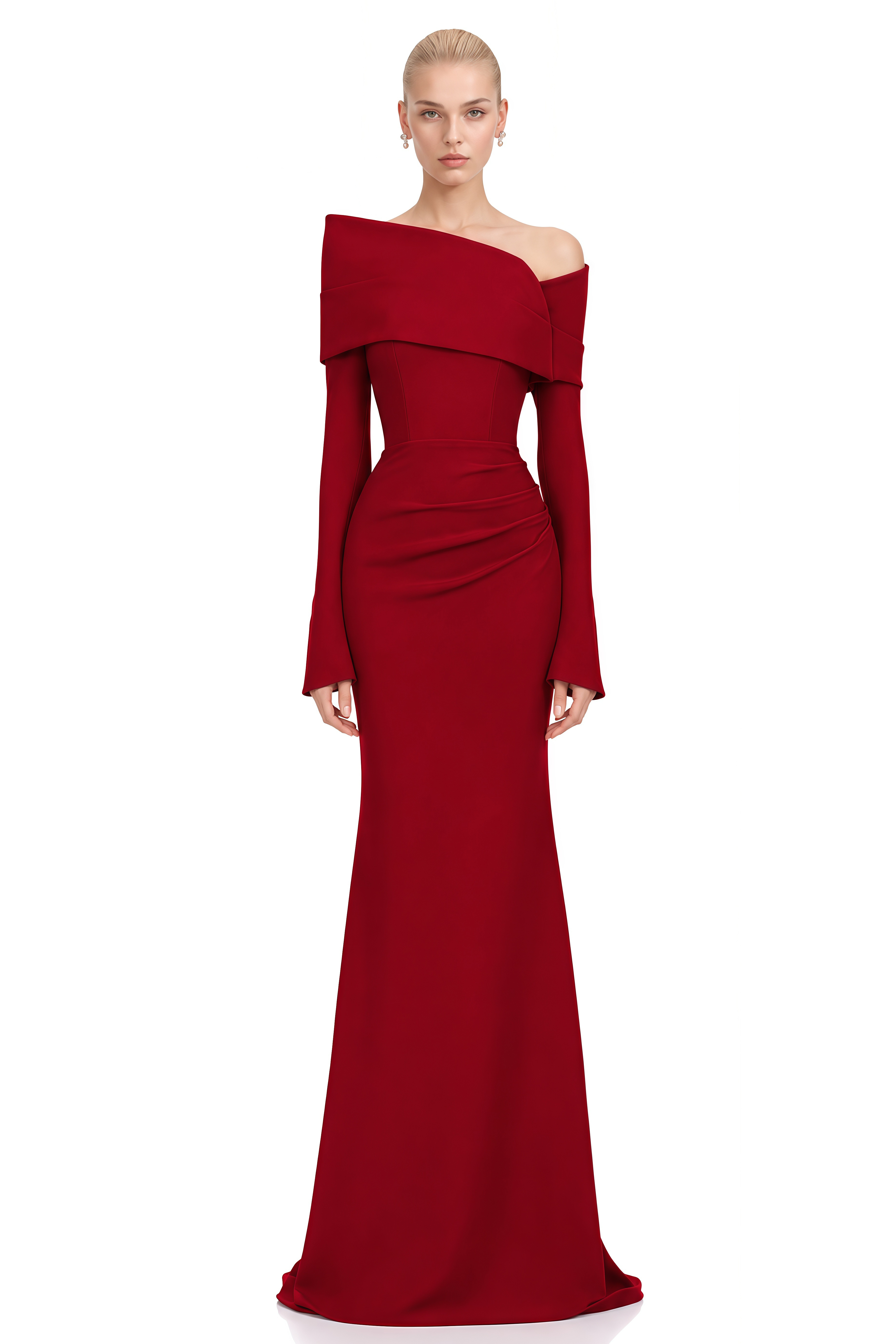 Viola Red Long Sleeves Asymmetrical Maxi Dress 