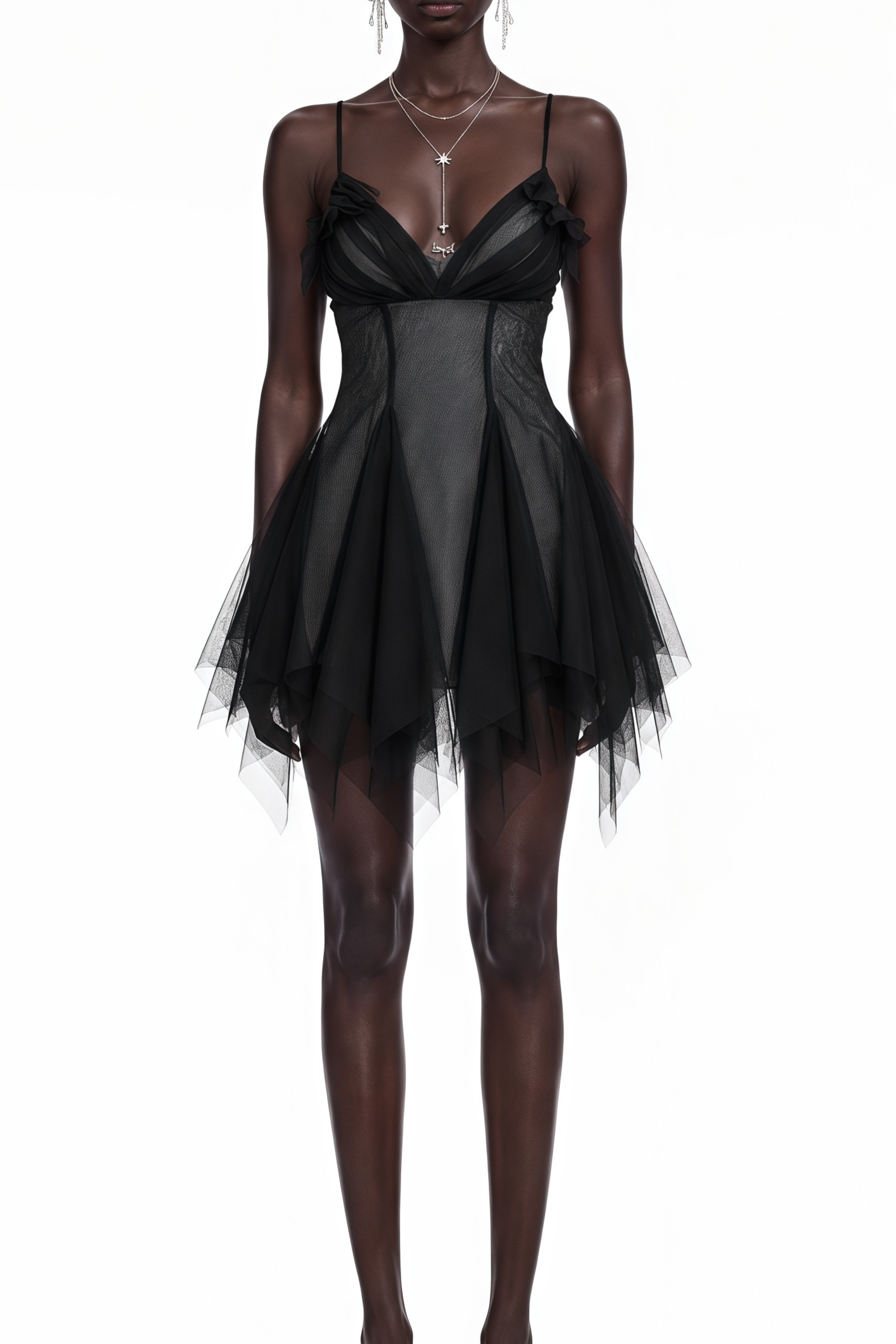 Isolde Black Sweetheart Neck Mesh Mini Dress