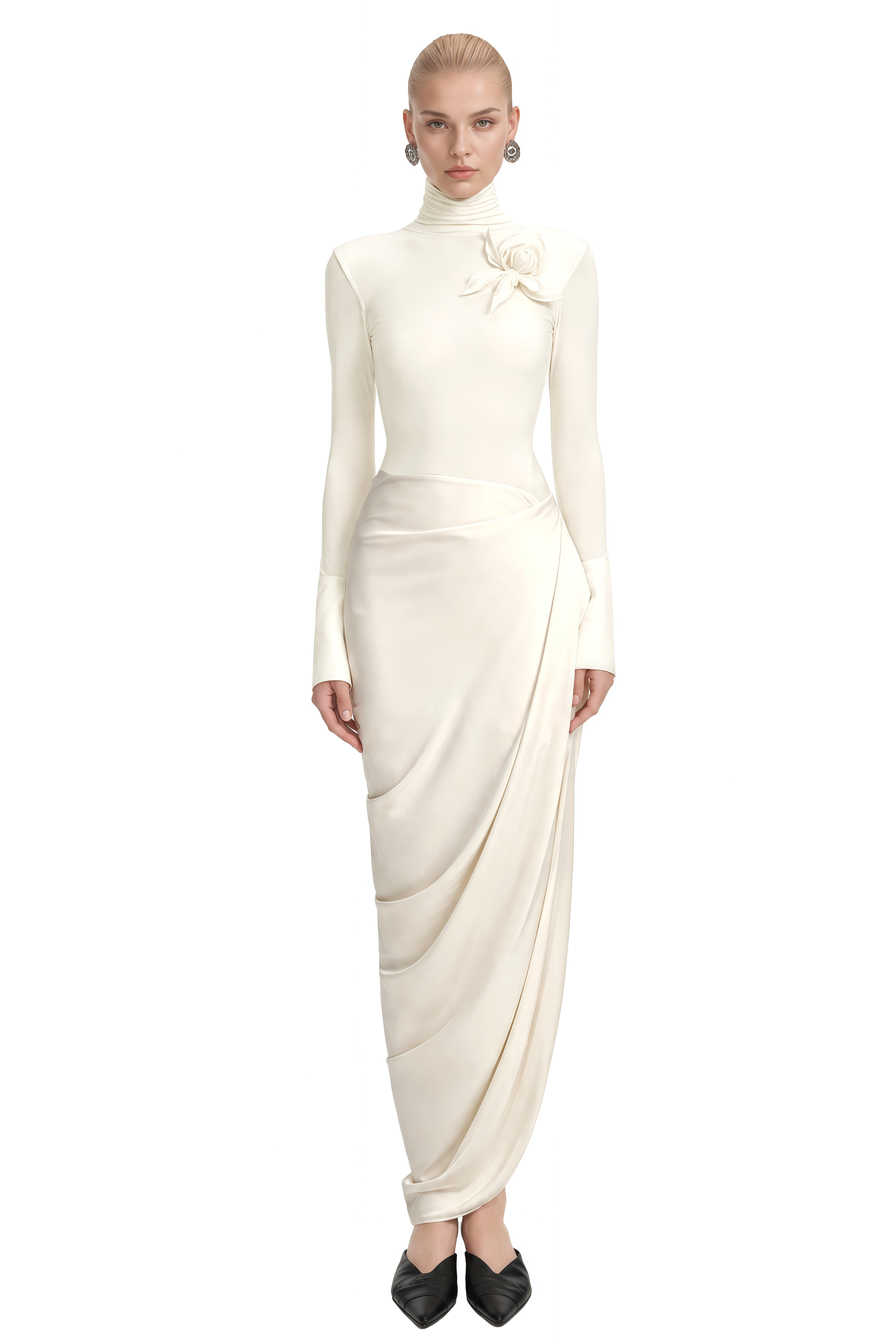 Serenity White Turtleneck Asymmetrical Maxi Dress