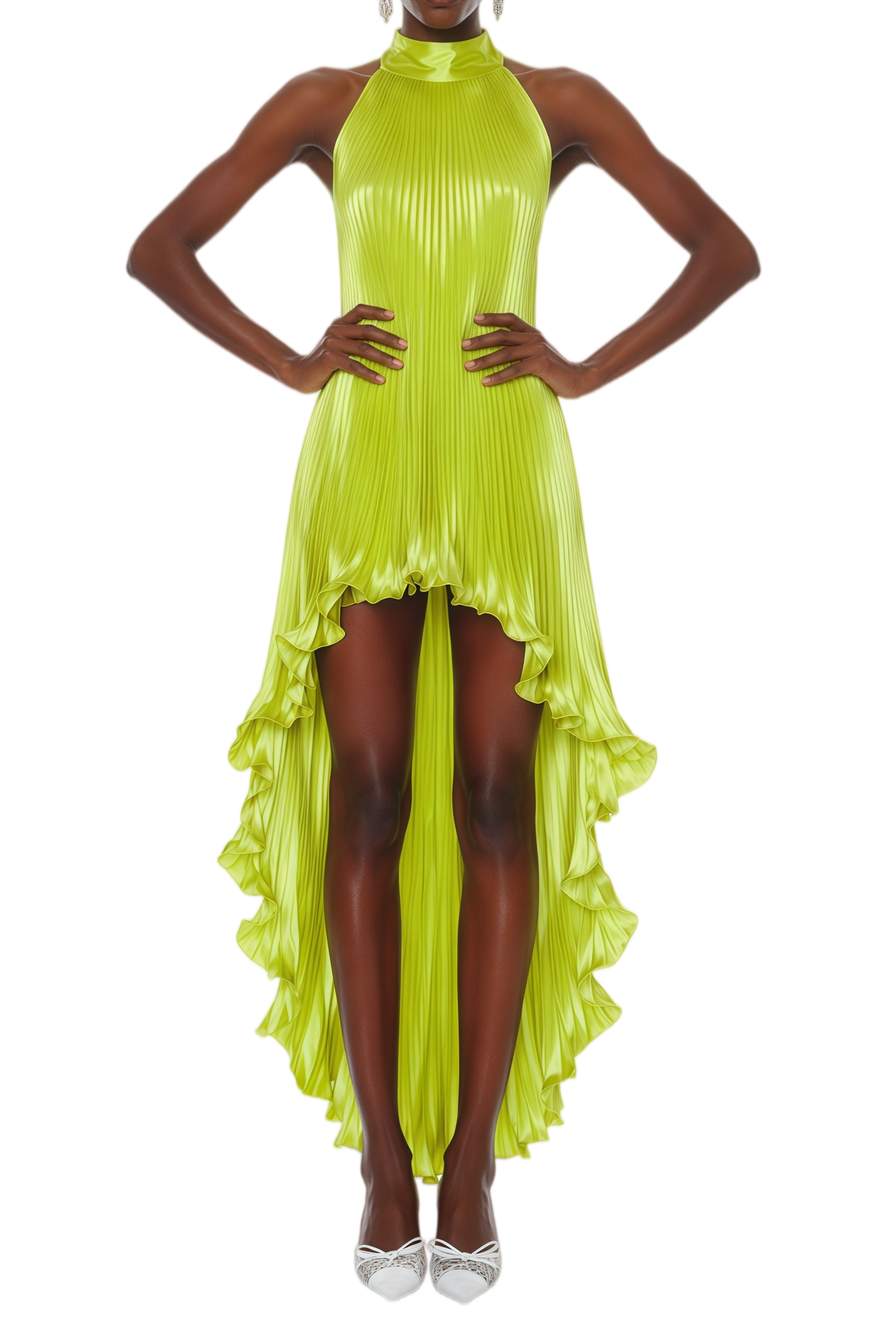 Amelia Light Green Asymmetrical Pleated Midi Dress